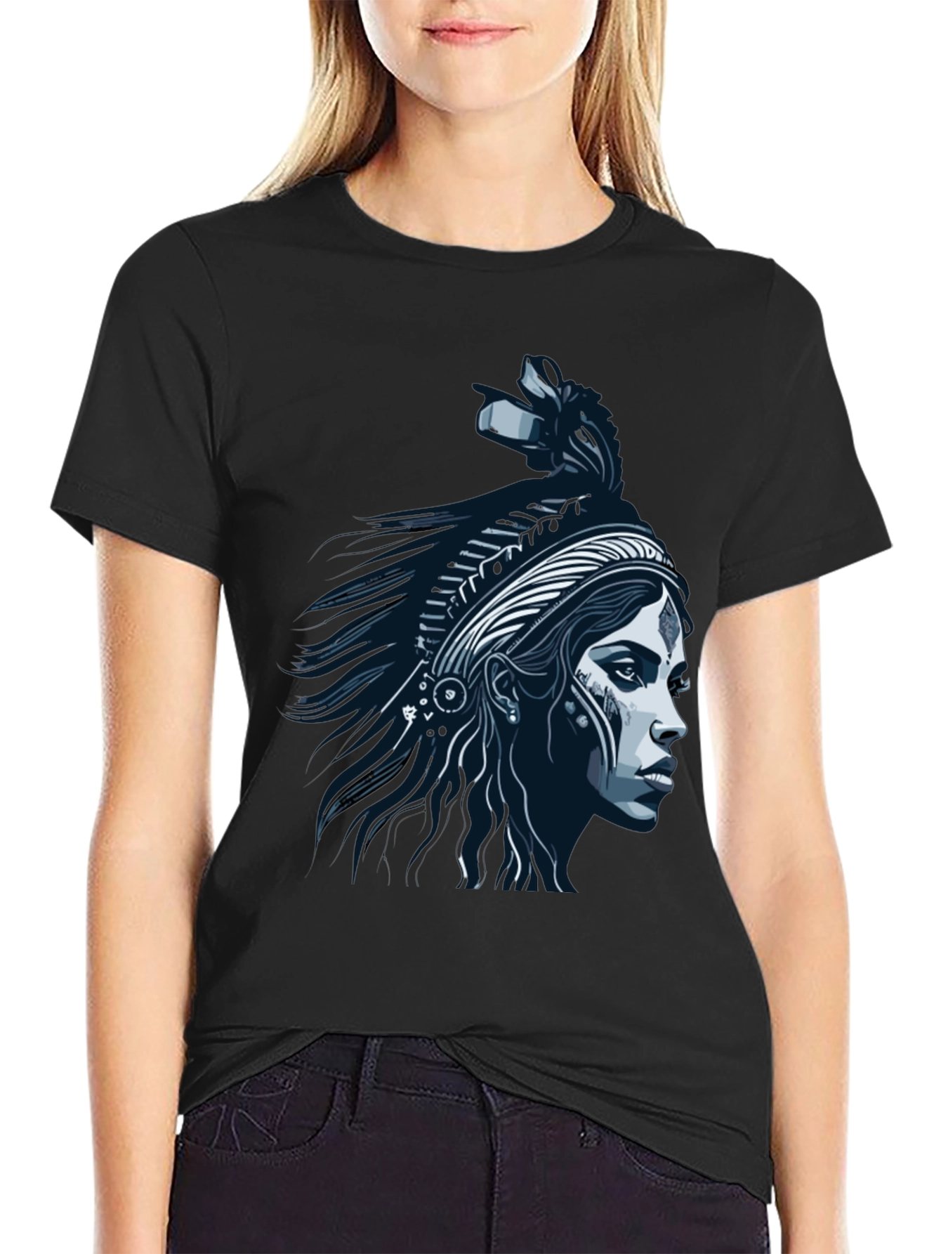 Black Native Headdress Graphic Tee - Black Cotton T-Shirt view 2