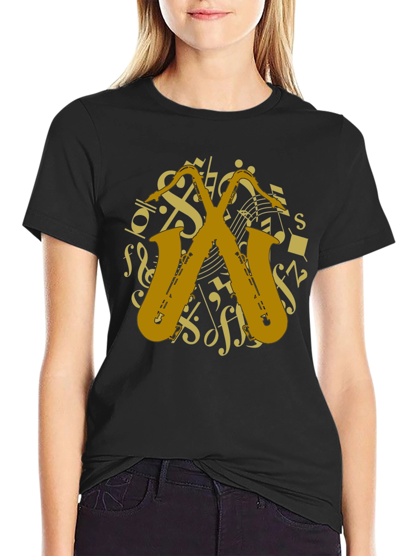 Black Saxophone Music Notes Graphic T-Shirt view 2