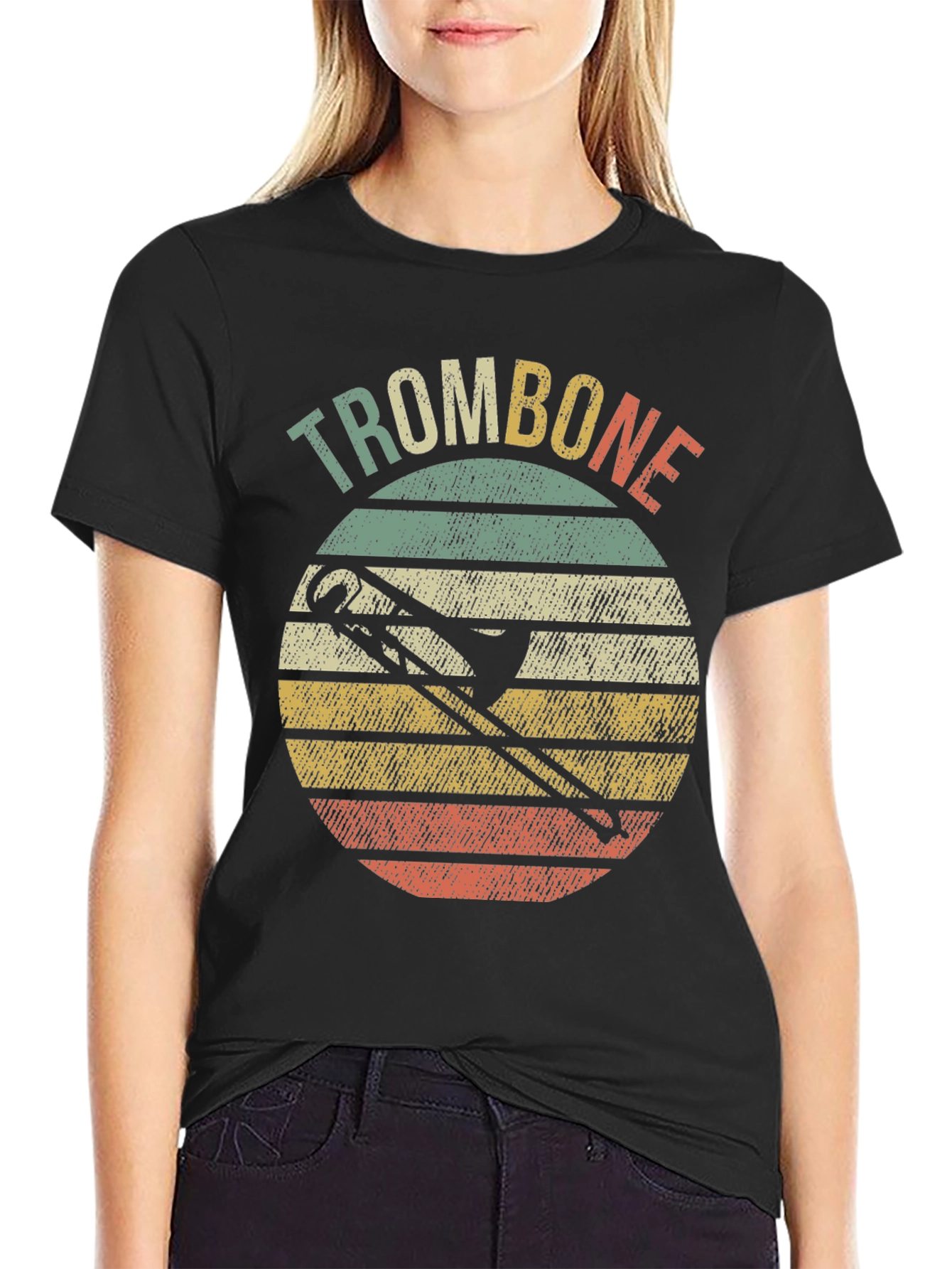 Black Retro Trombone Sunset Music T-Shirt view 2