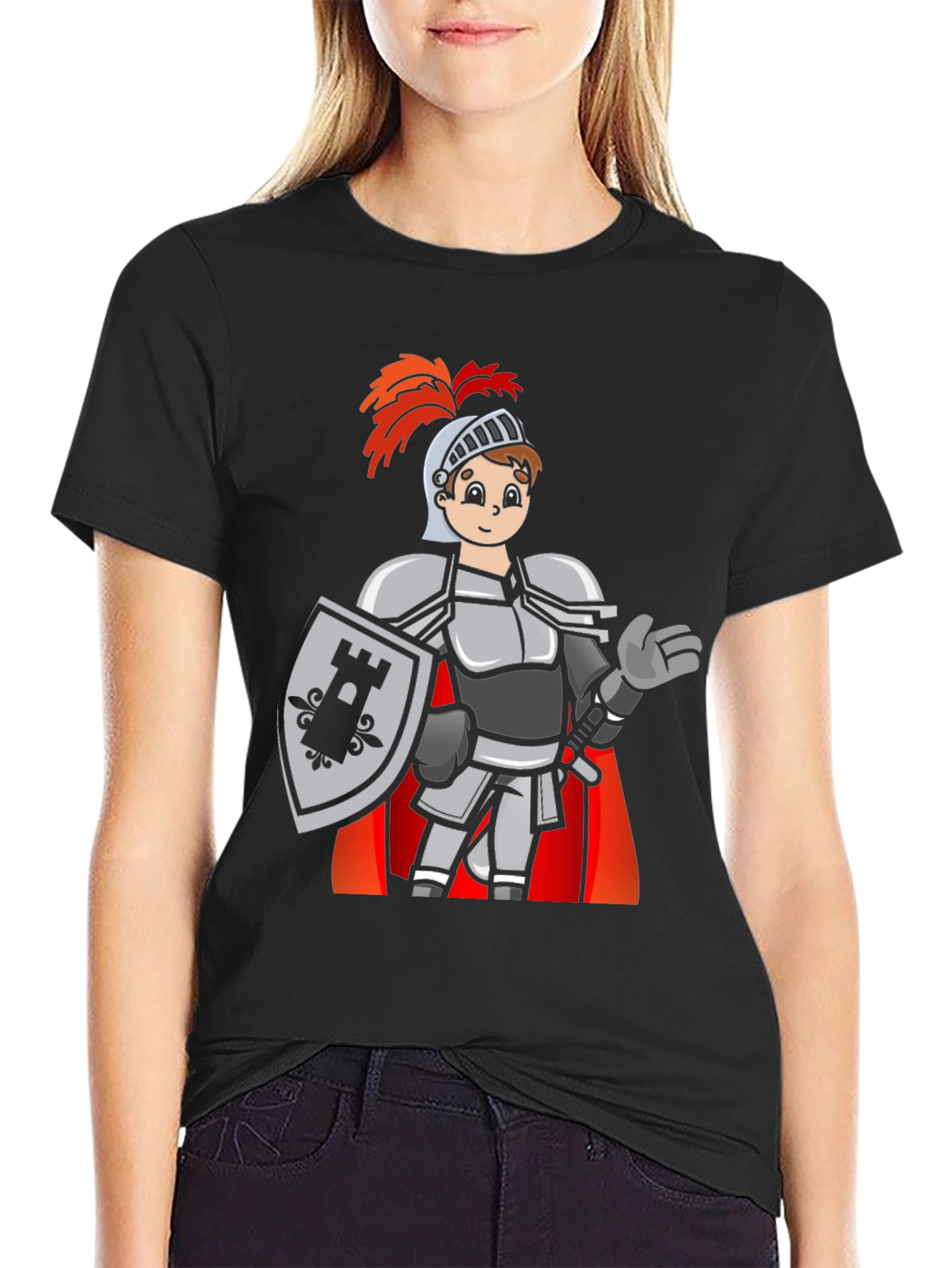 Black Cartoon Knight Graphic Tee - Black Casual T-Shirt view 2