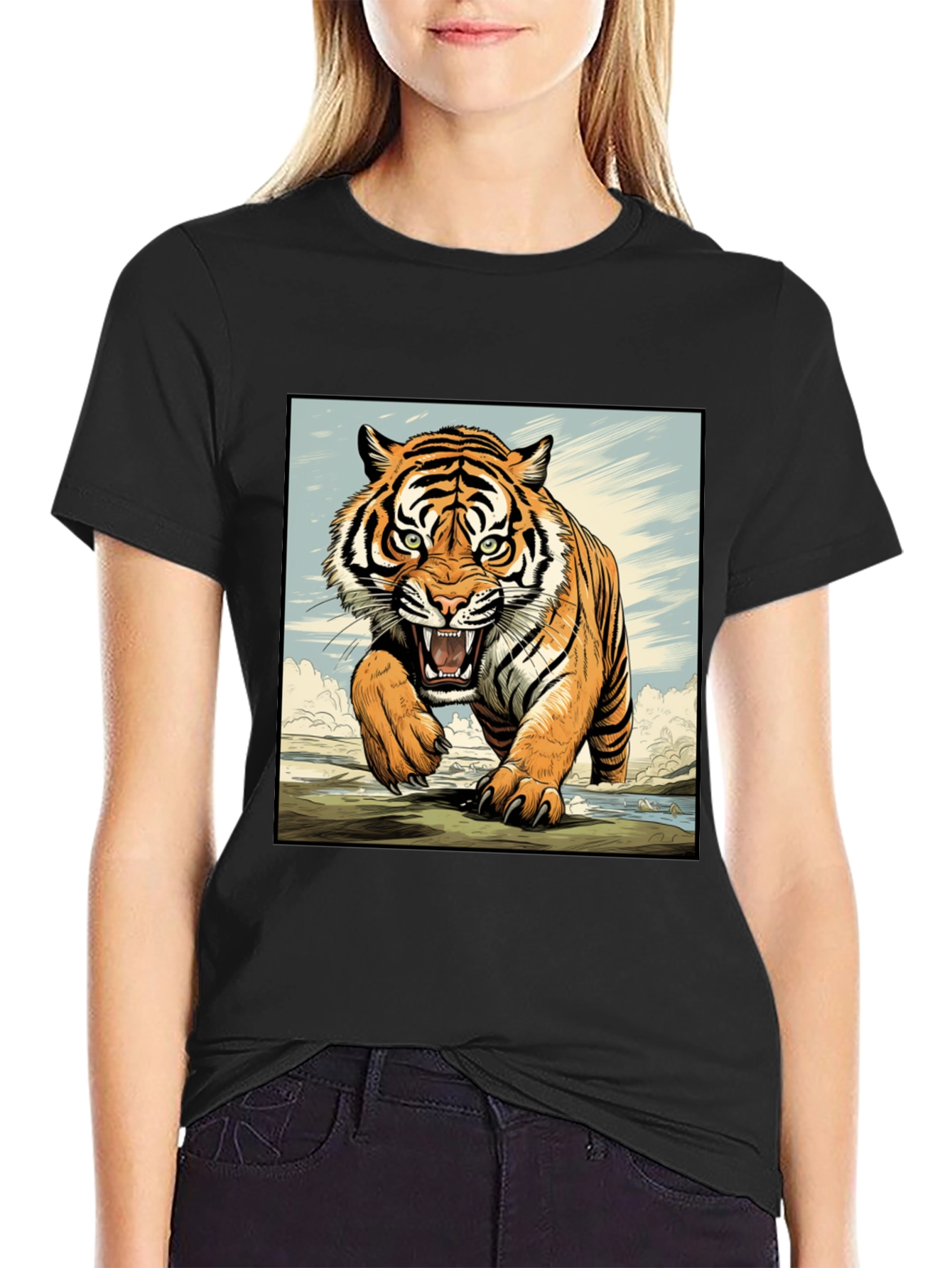 Black Tiger Graphic Black T-Shirt view 2
