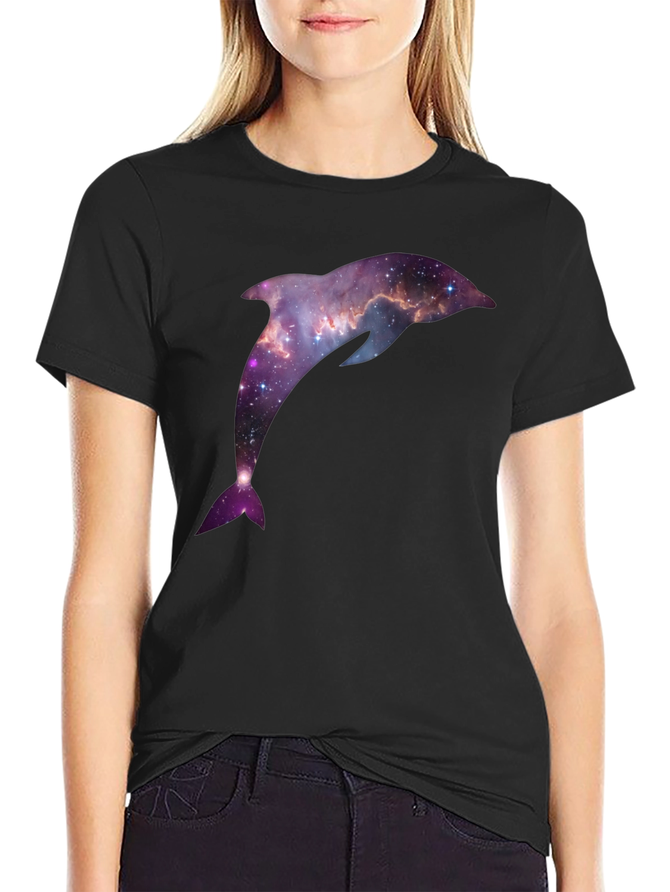 Black Galaxy Dolphin Graphic Tee - Black Short Sleeve T-Shirt view 2