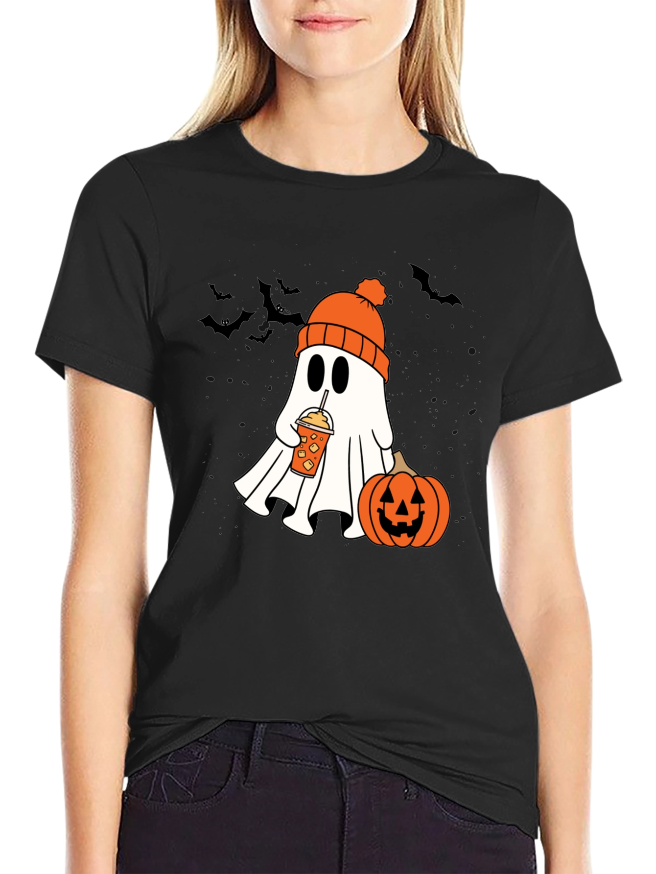 Black Halloween Ghost with Pumpkin Spice Tee view 2