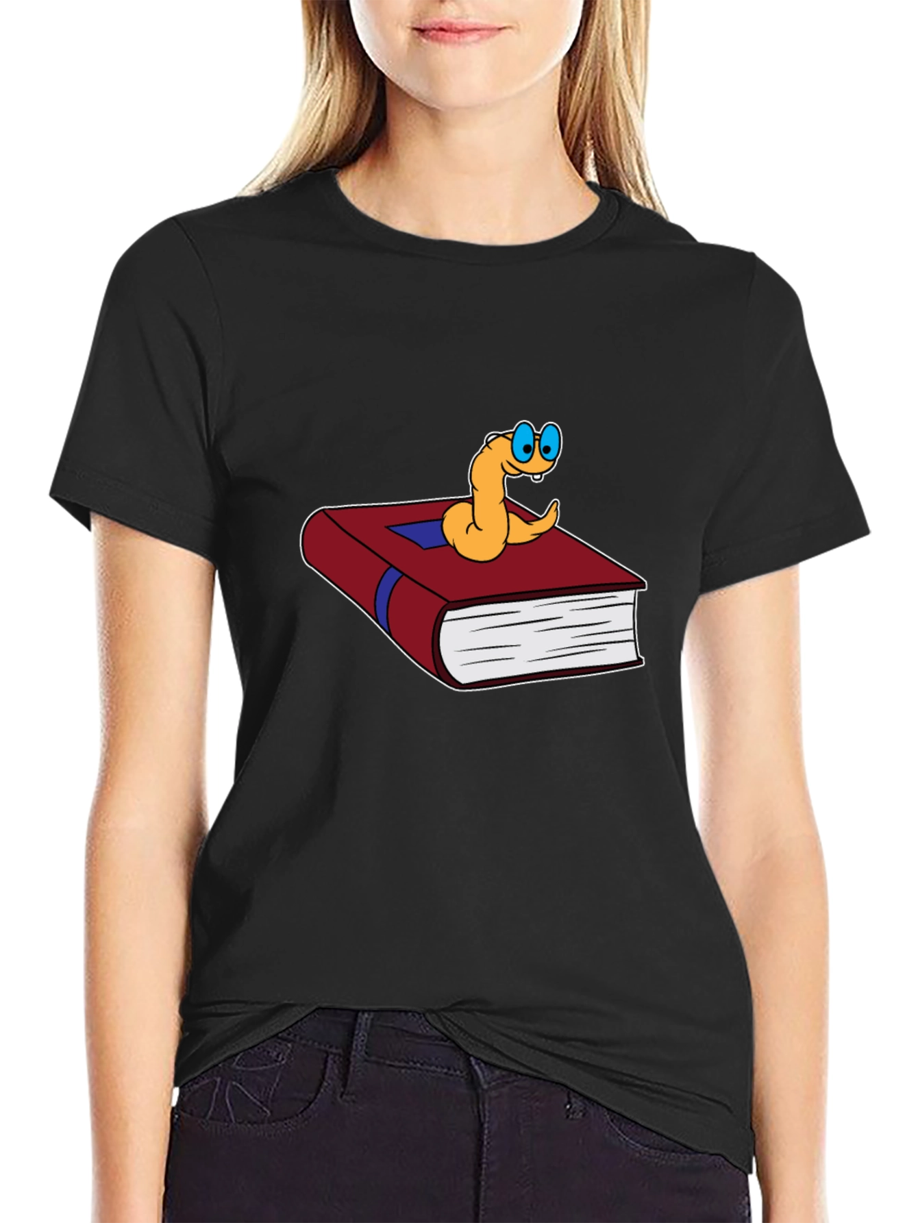 Black Bookworm Cartoon Graphic Tee - Black Cotton view 2