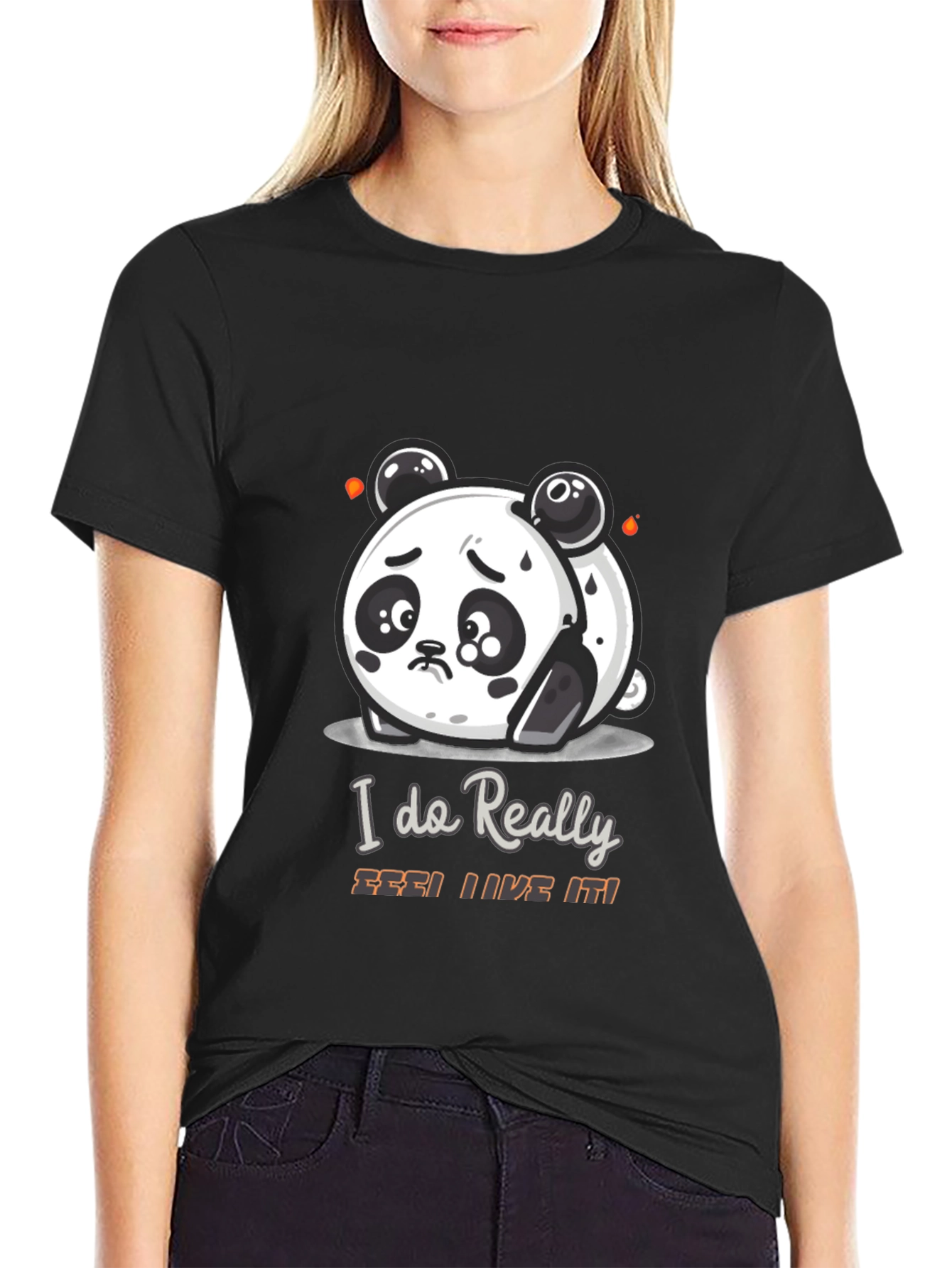 Black Sad Panda Cartoon Graphic T-Shirt view 2