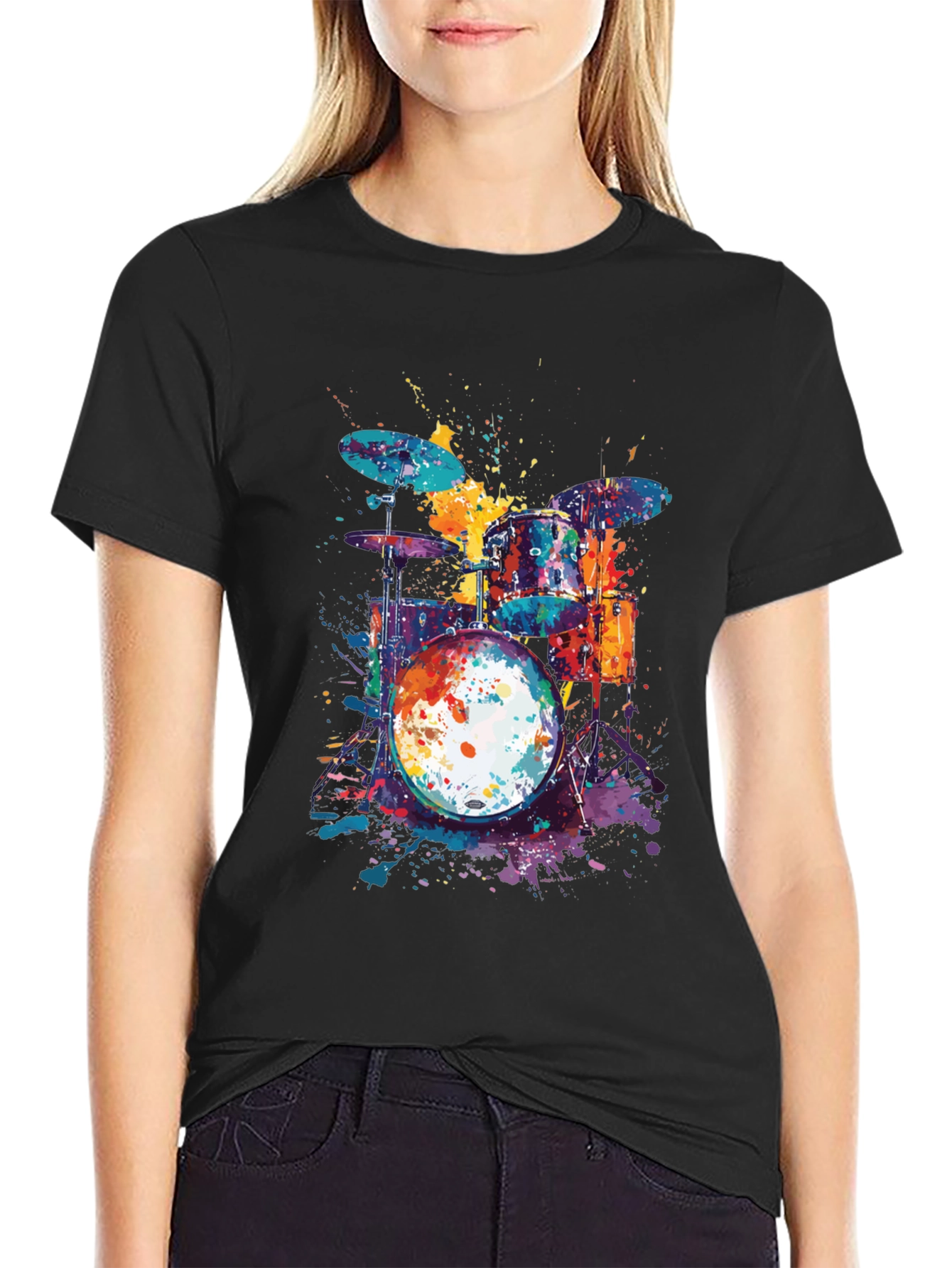 Black Colorful Drum Set T-Shirt - Music Lover Tee view 2