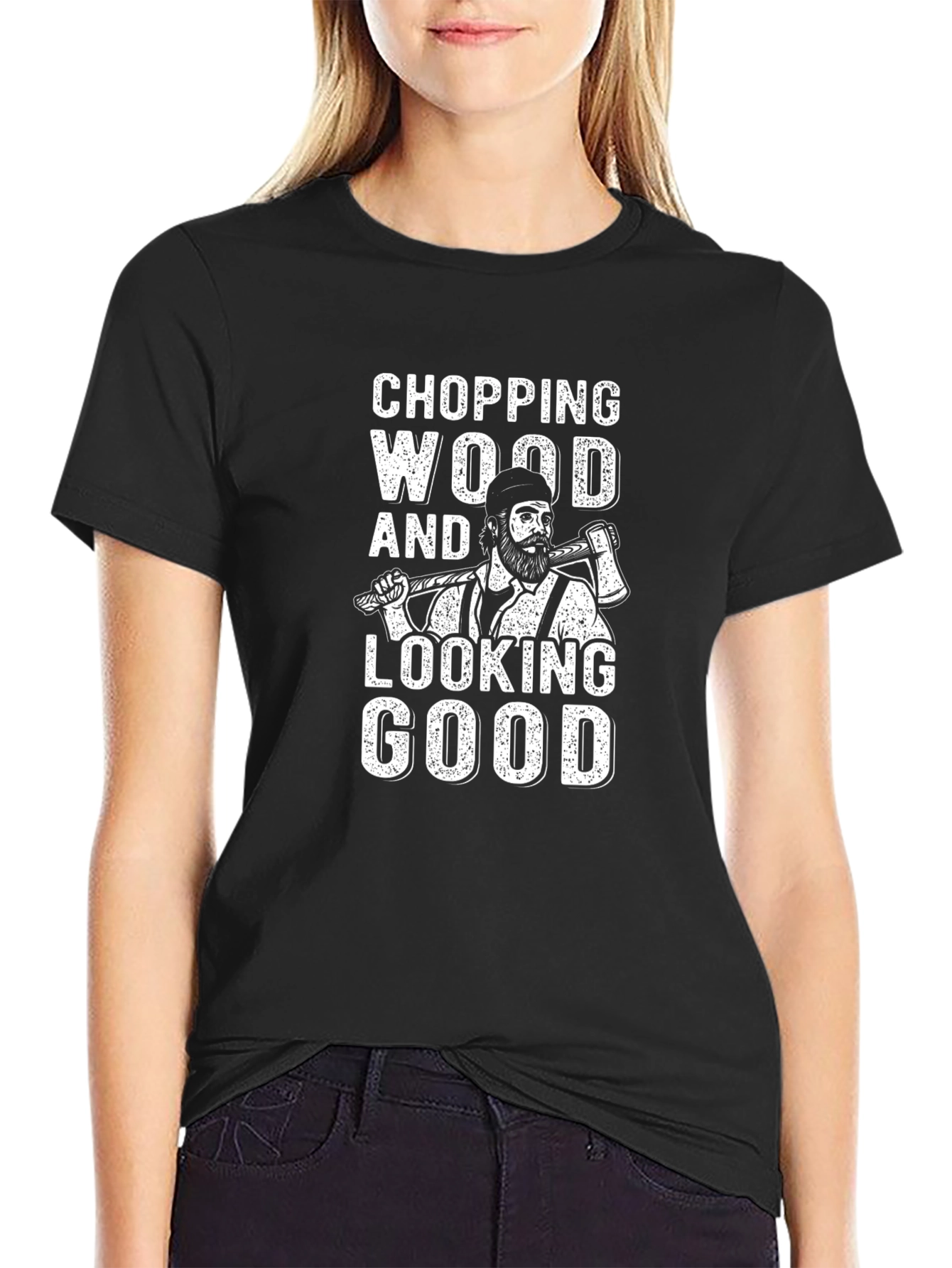 Black Chopping Wood T-Shirt - Lumberjack Style Graphic Tee view 2