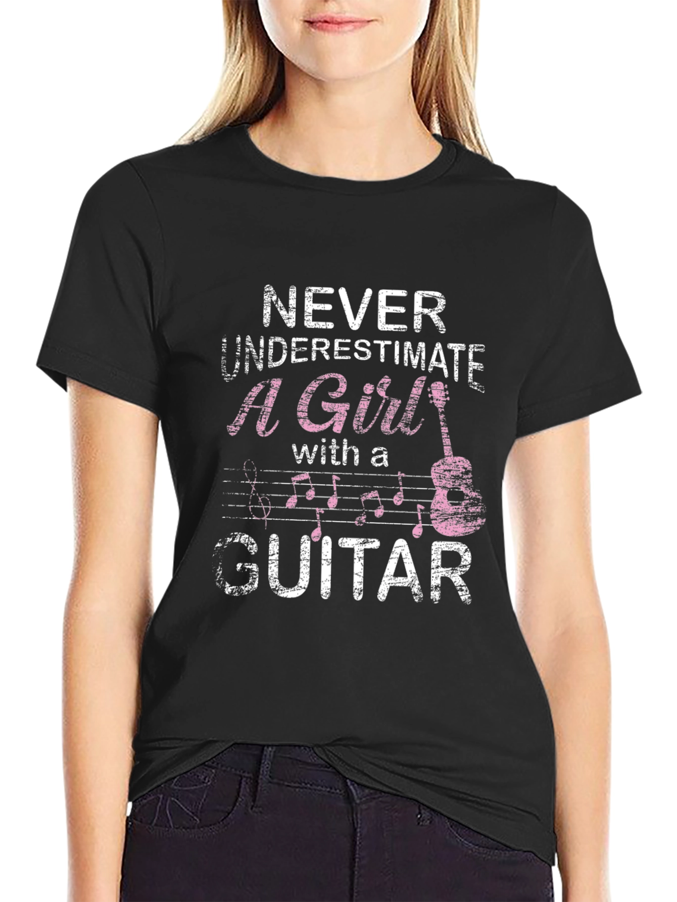 Black Never Underestimate a Girl with a Guitar T-Shirt view 2