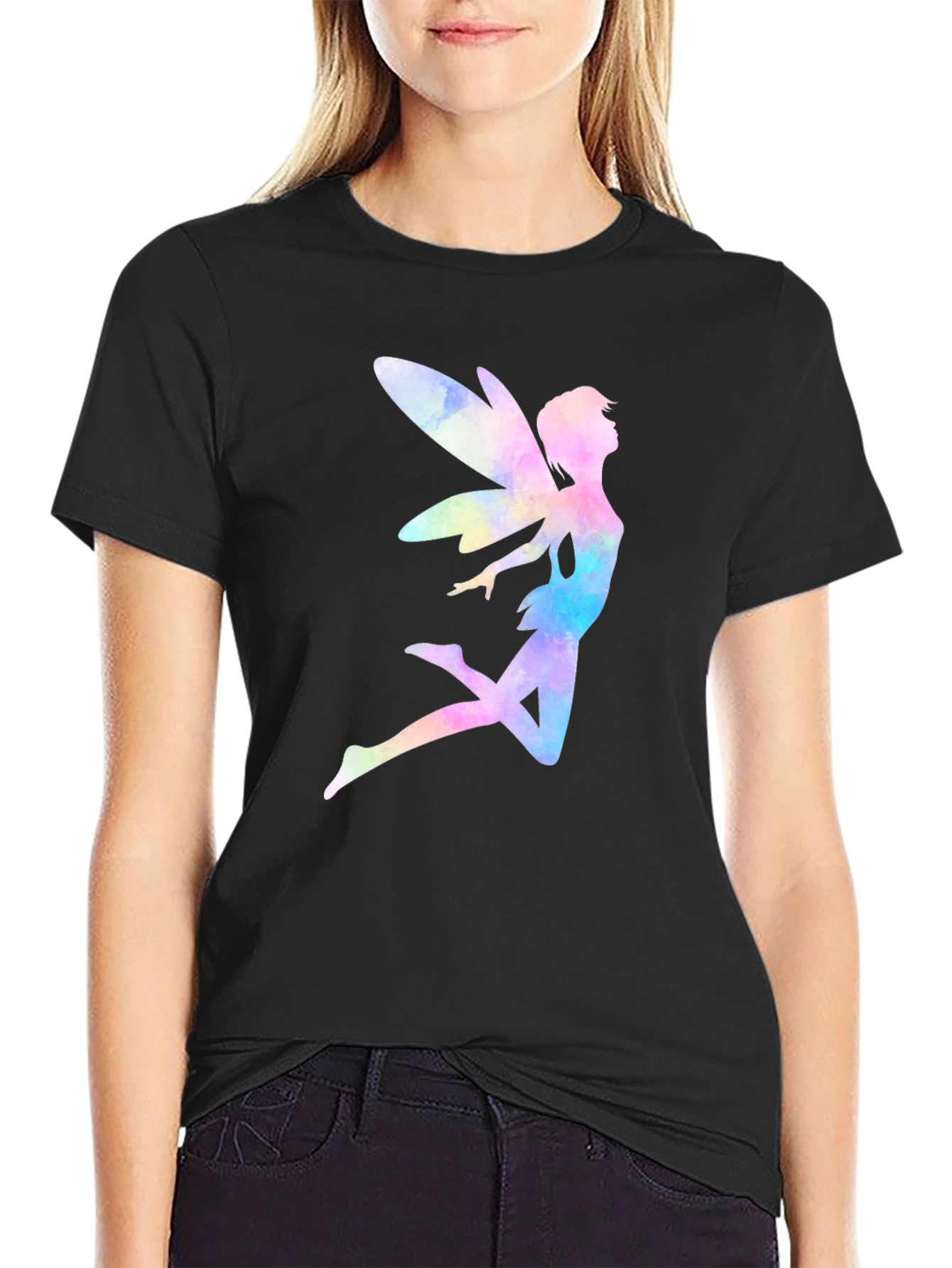 Black Watercolor Fairy Graphic T-Shirt - Black Cotton Blend view 2