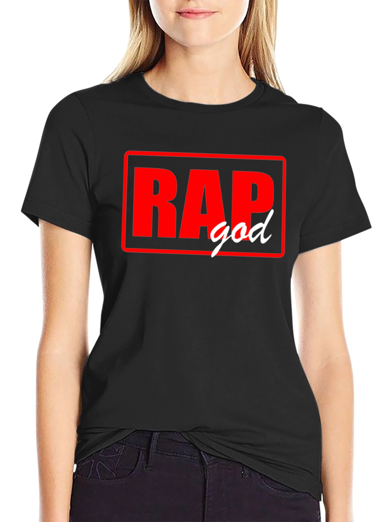 Black Rap God T-Shirt - Black Tee with Red and White Graphic view 2