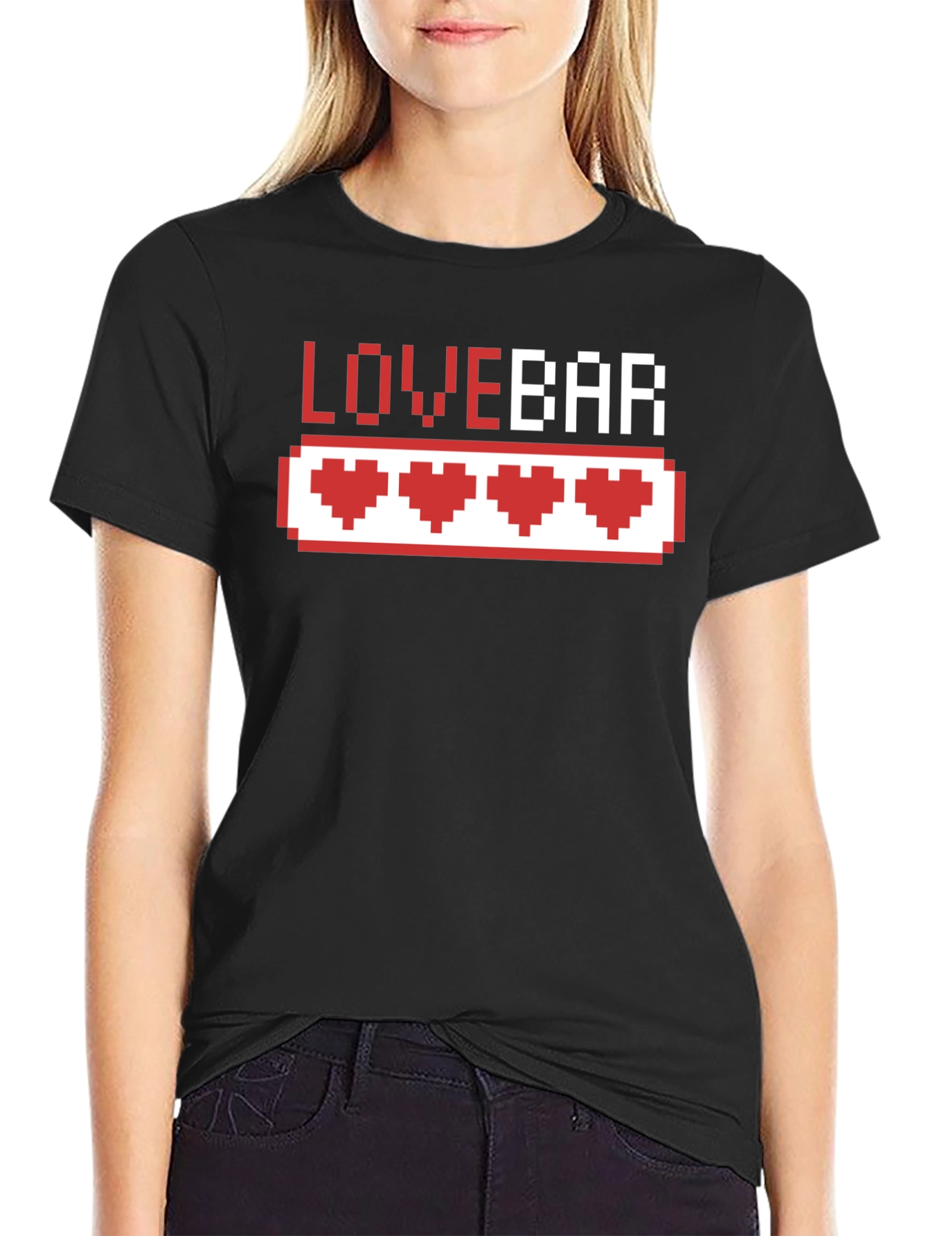Black Love Bar Pixel Heart Gamer T-Shirt - Black Cotton Tee view 2