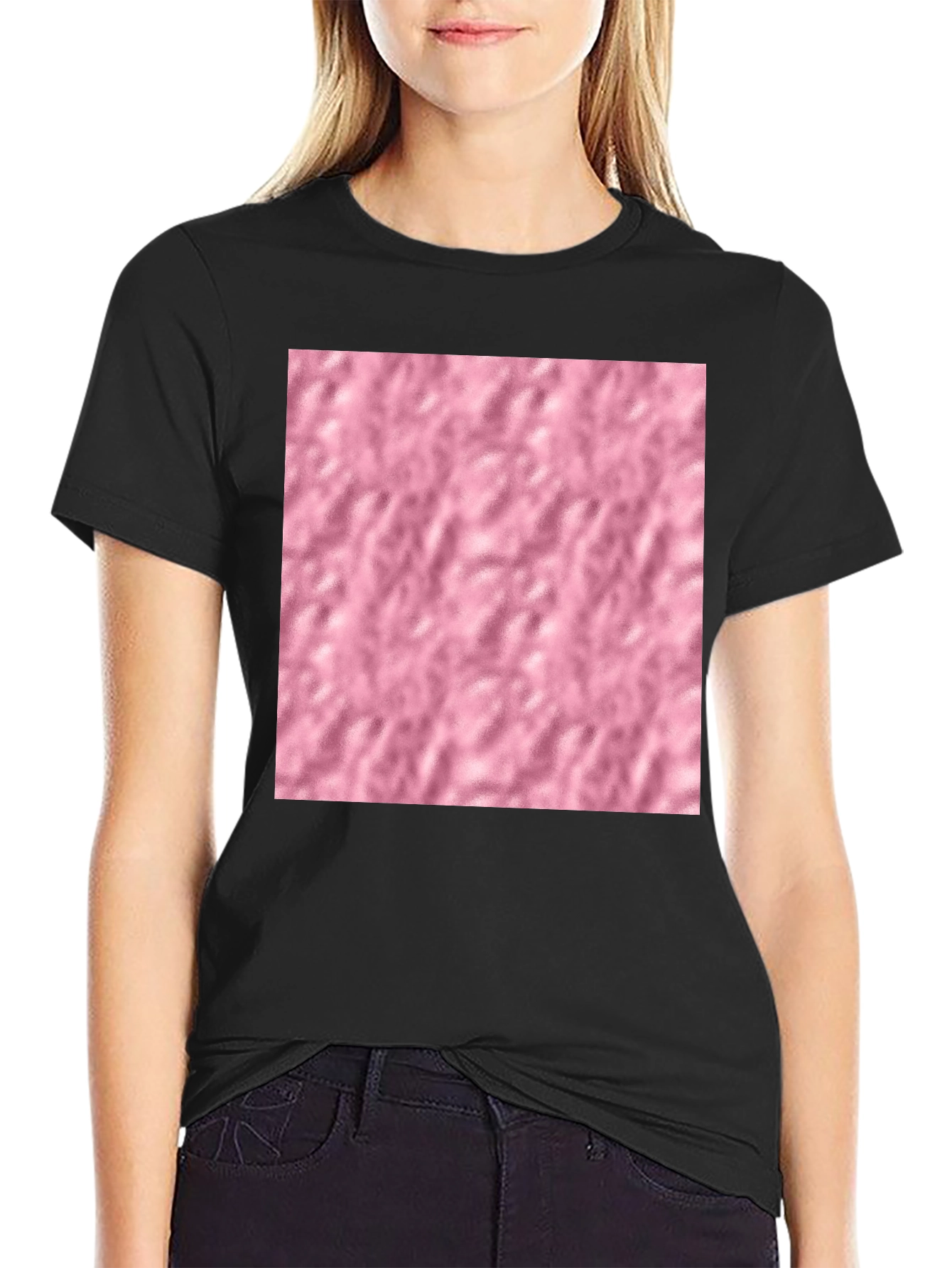 Black Black Cotton Blend T-Shirt with Pink Textured Print view 2