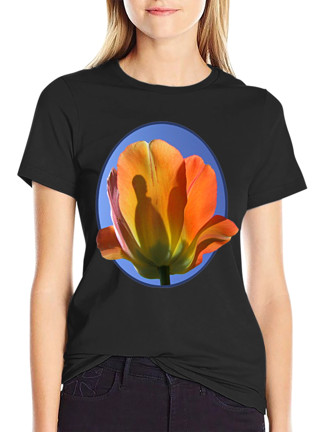 Black Floral Graphic Tee - Artistic Tulip Design view 2