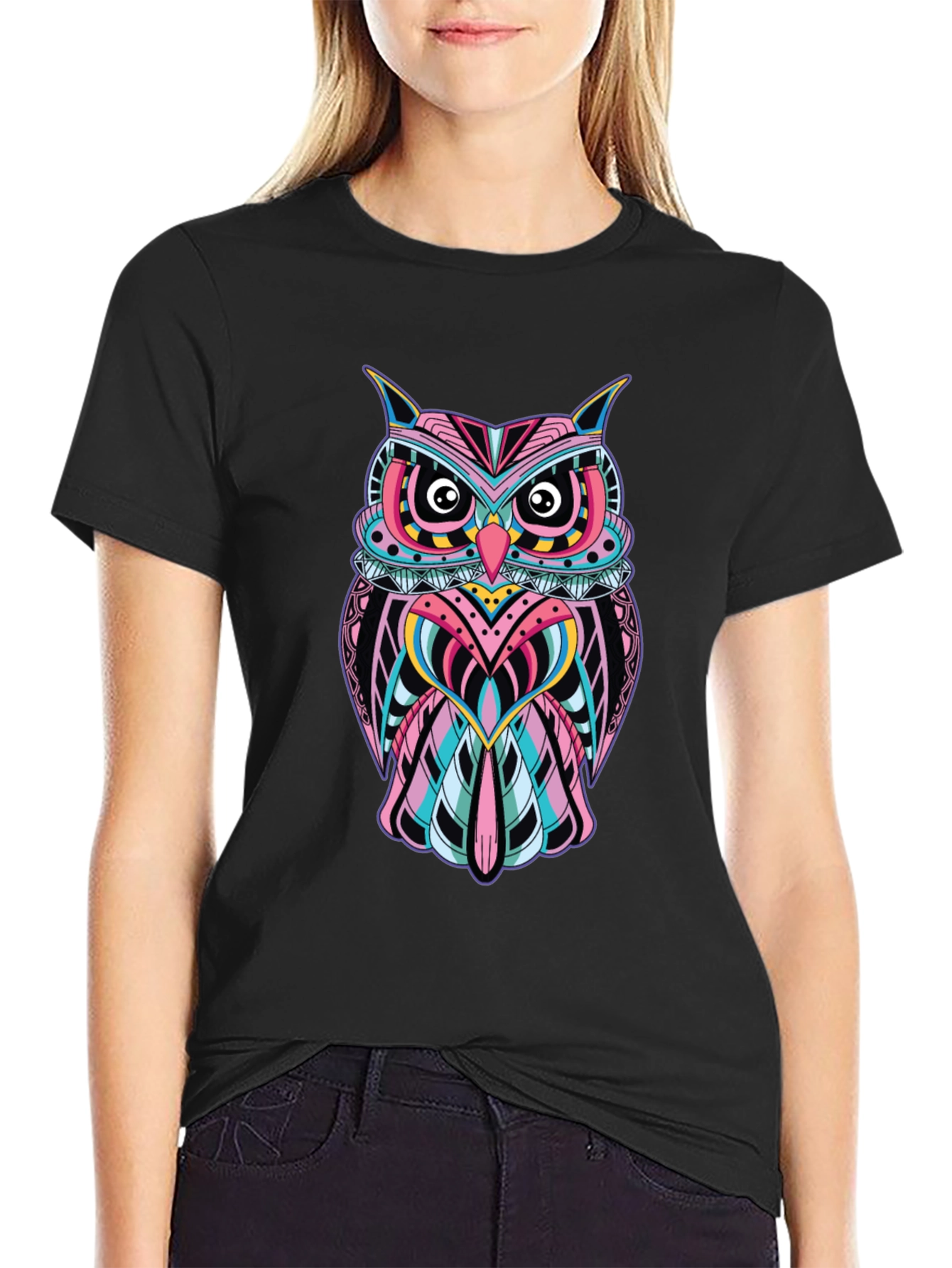 Black Vibrant Owl Graphic Print Black T-Shirt view 2