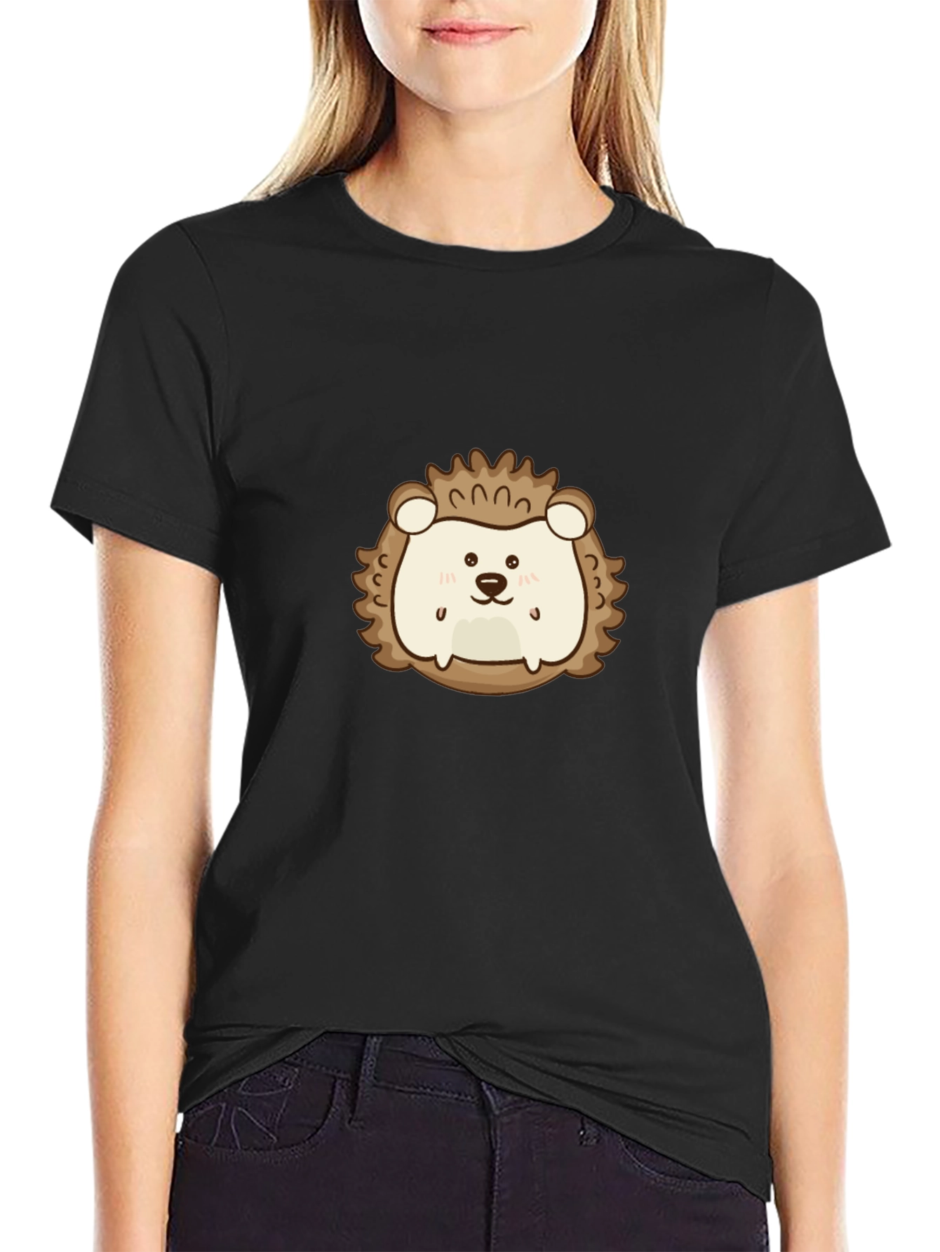 Black Cute Hedgehog Graphic Tee - Black Cotton Comfort view 2