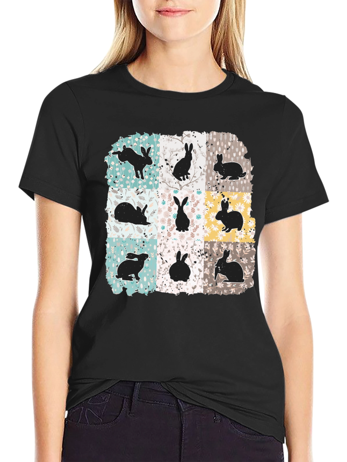 Black Rabbit Print Men's Black T-Shirt view 2