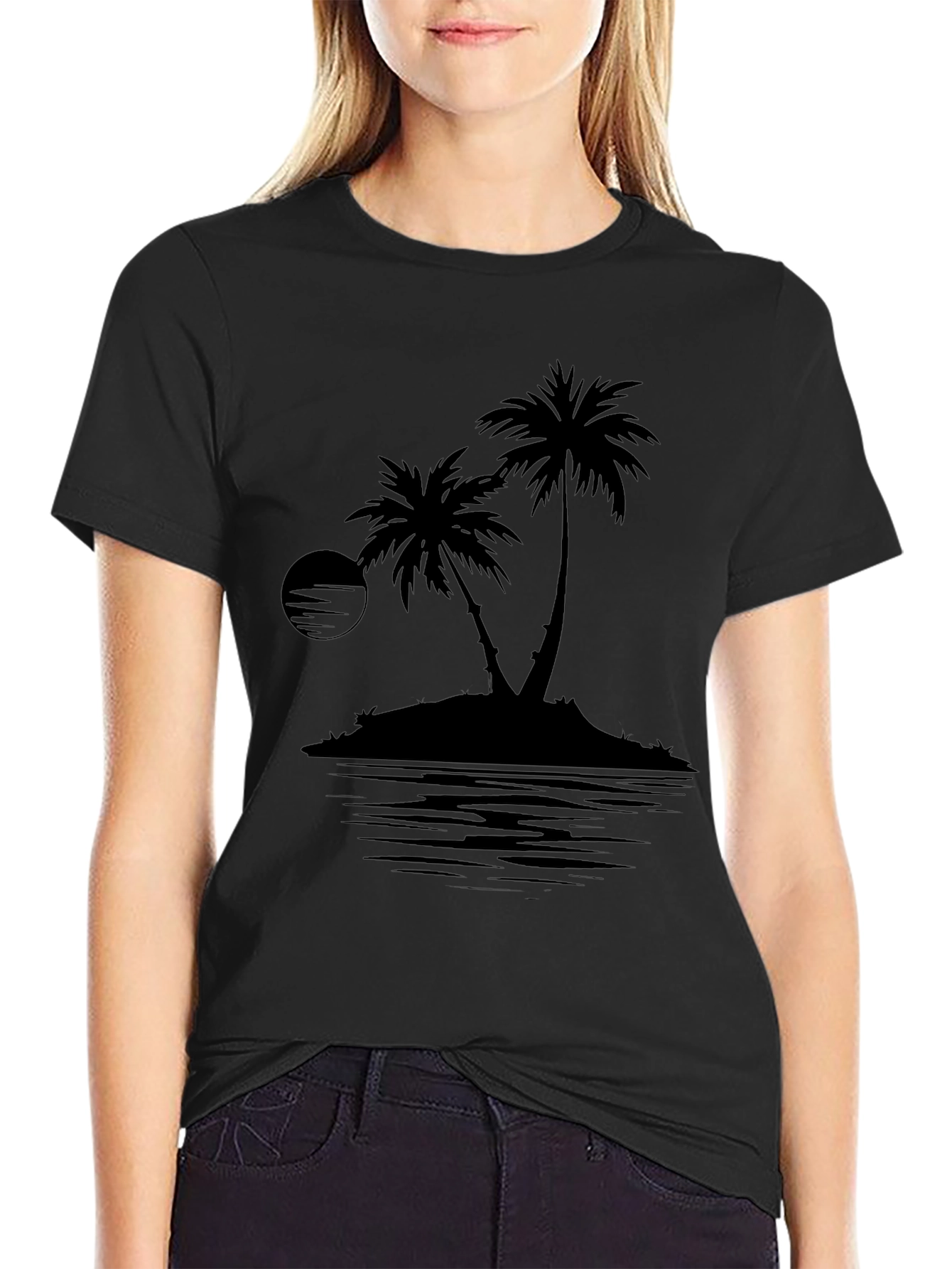 Black Men's Black Palm Tree Island Graphic T-Shirt view 2
