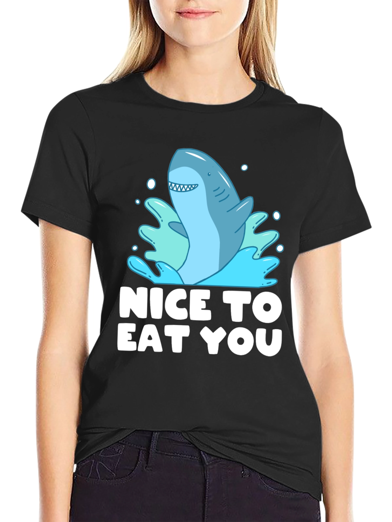 Black Funny Shark Graphic Tee - "Nice To Eat You" view 2