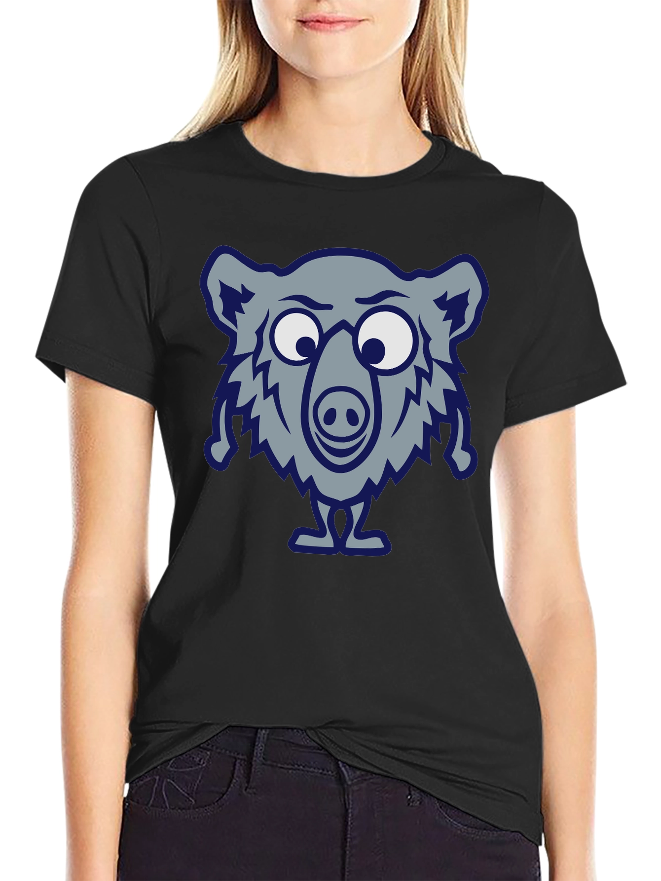 Black Funny Cartoon Bear Black T-Shirt view 2