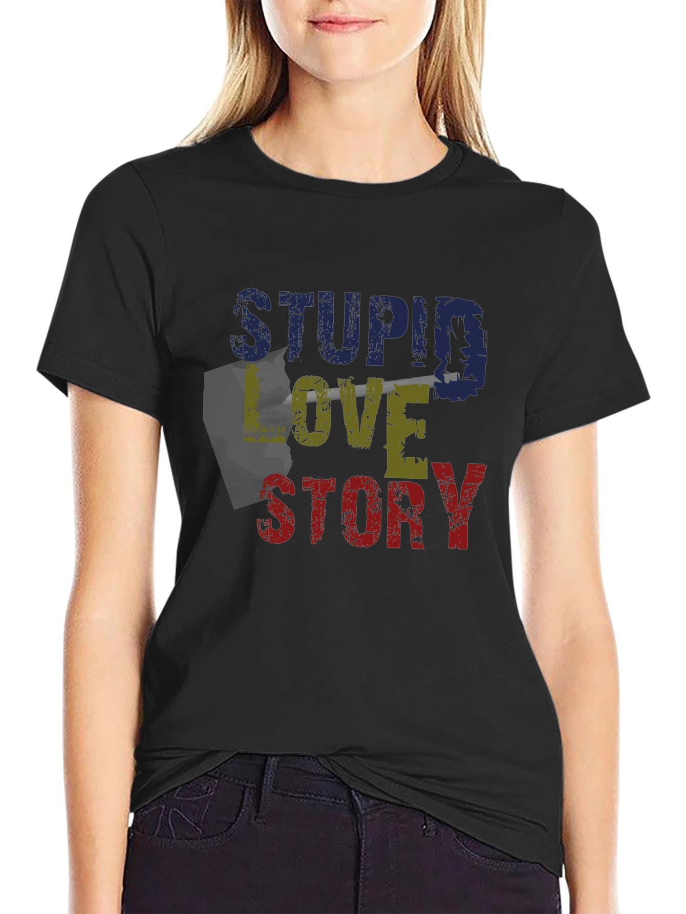 Black Stupid Love Story Graphic Tee - Unique Design view 2