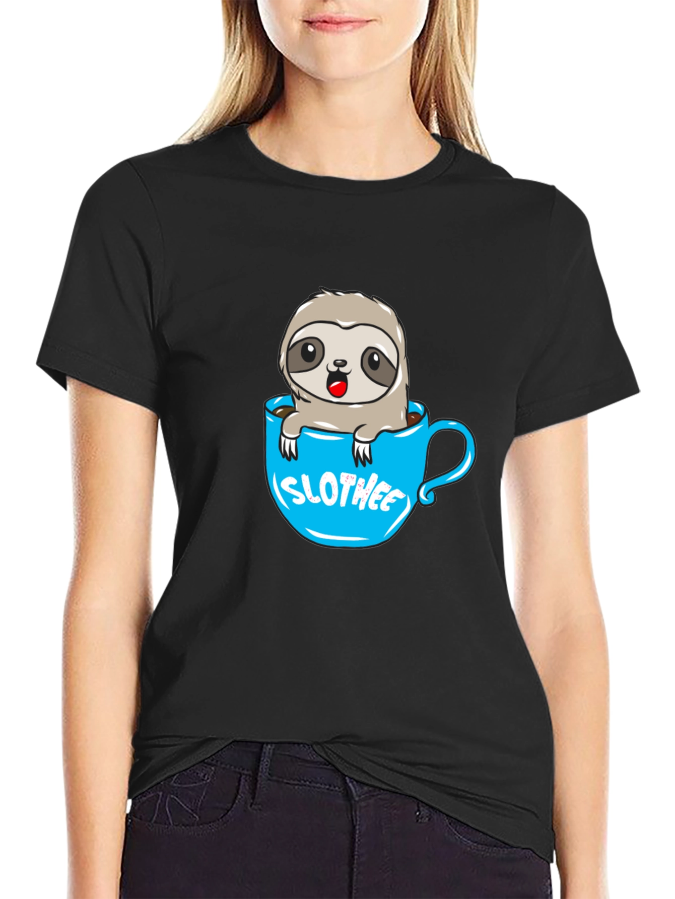 Black Slothee Cute Cartoon Sloth in Coffee Cup T-Shirt view 2