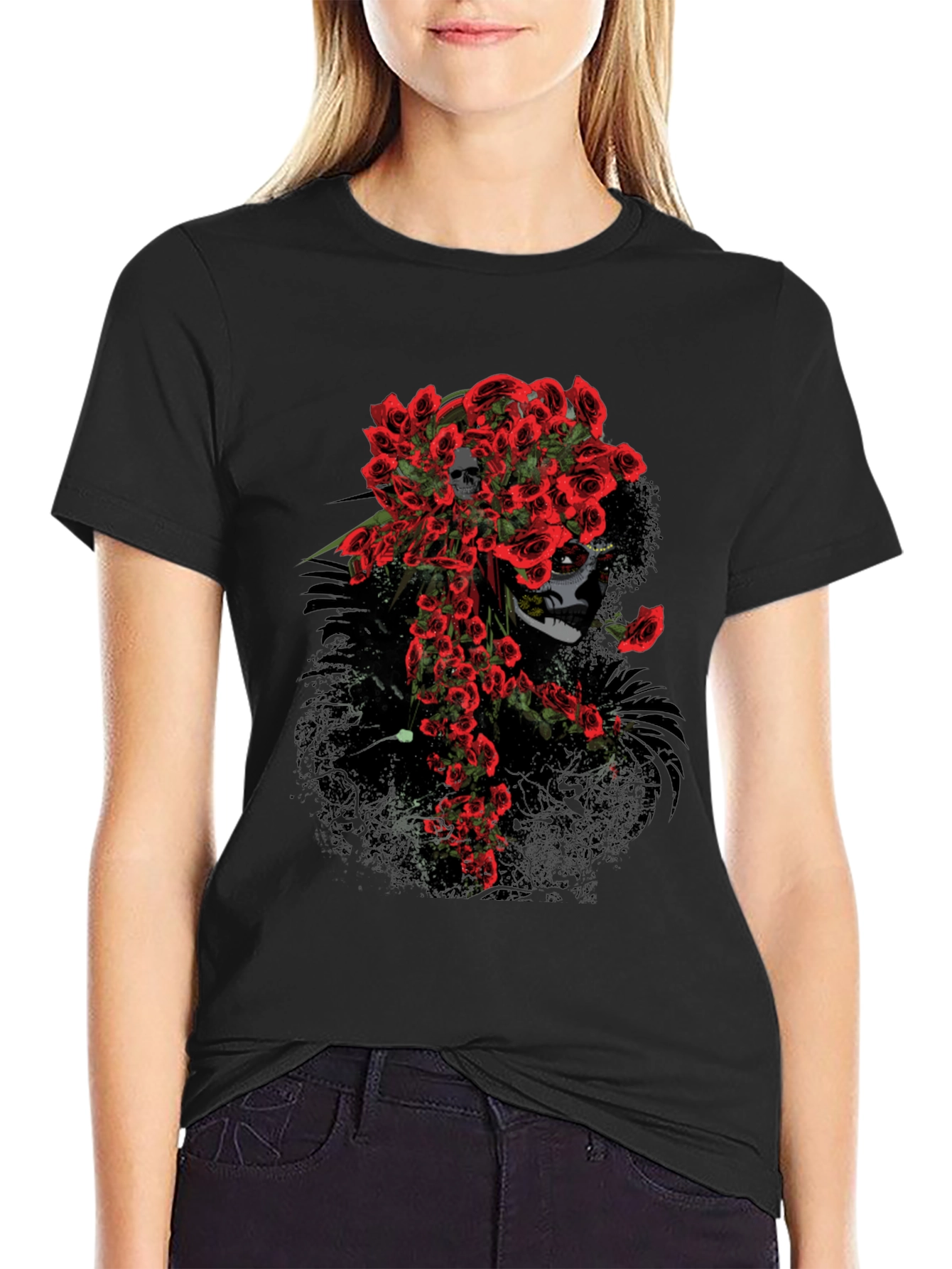 Black Skull and Roses Graphic Tee - Black Cotton T-Shirt view 2