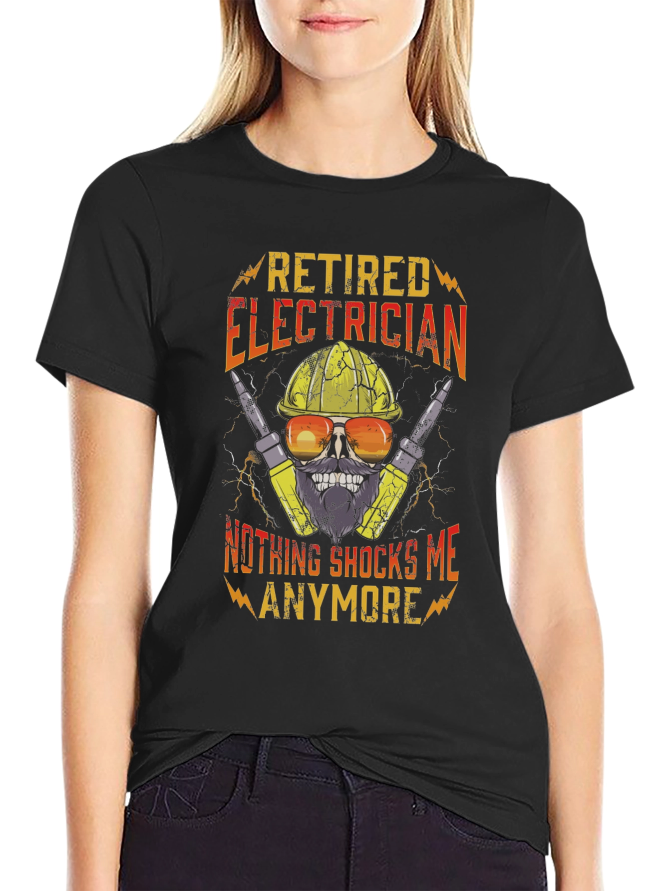Black Retired Electrician T-Shirt Funny Skull Tee view 2