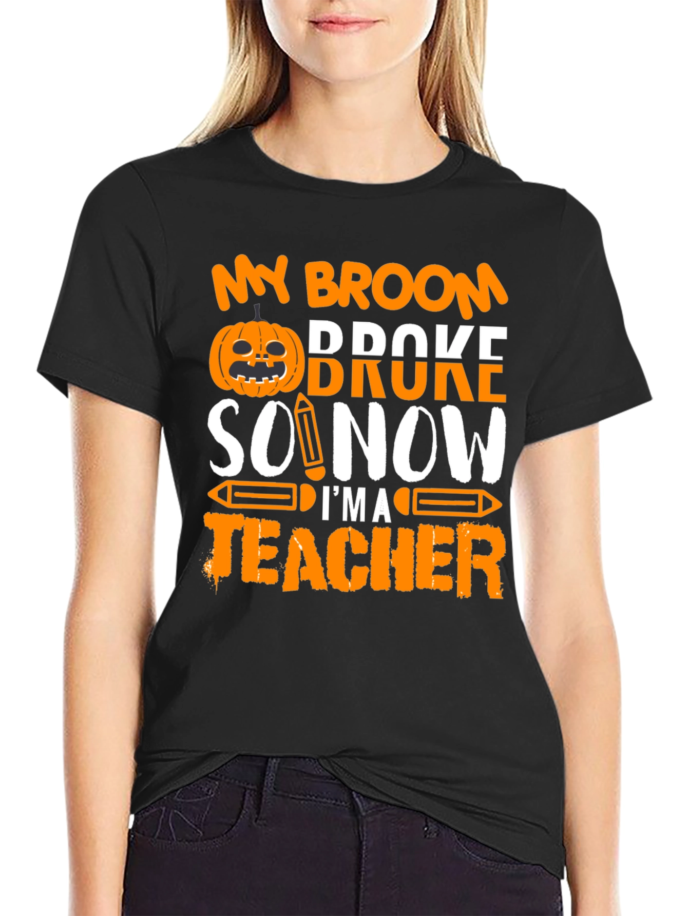 Black Funny Halloween Teacher T-Shirt - My Broom Broke view 2