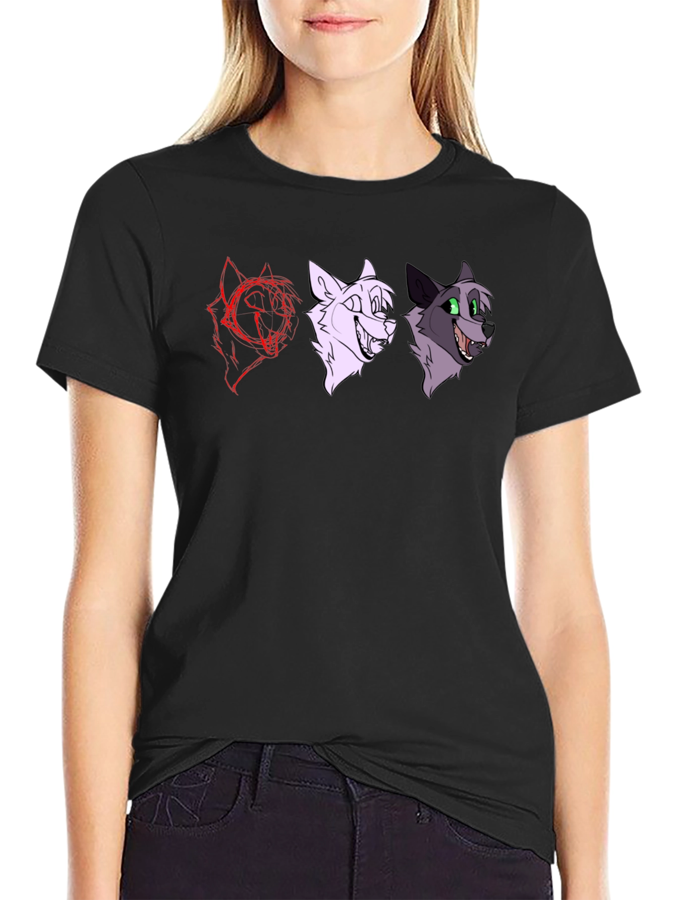 Black Cartoon Wolf Faces Black T-Shirt view 2