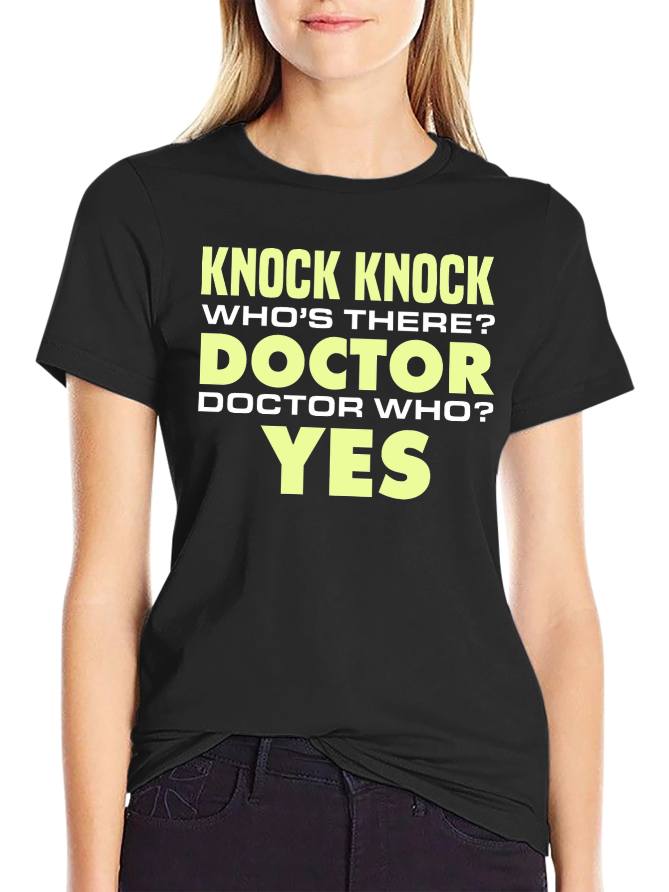 Black Knock Knock Doctor Who? Graphic T-Shirt - Black Cotton Tee view 2