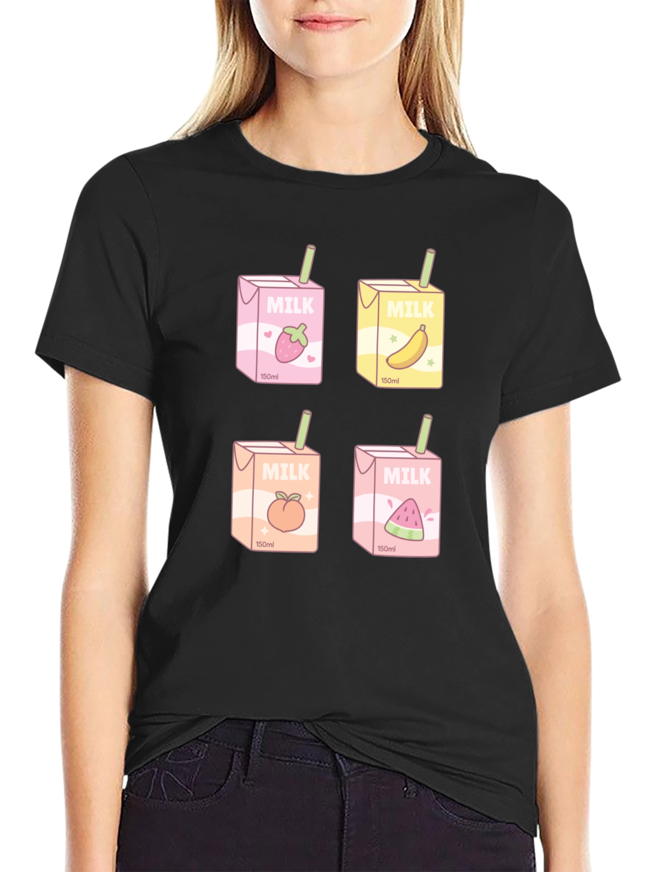 Black Kawaii Milk Boxes T-Shirt - Fruit Milk Design view 2