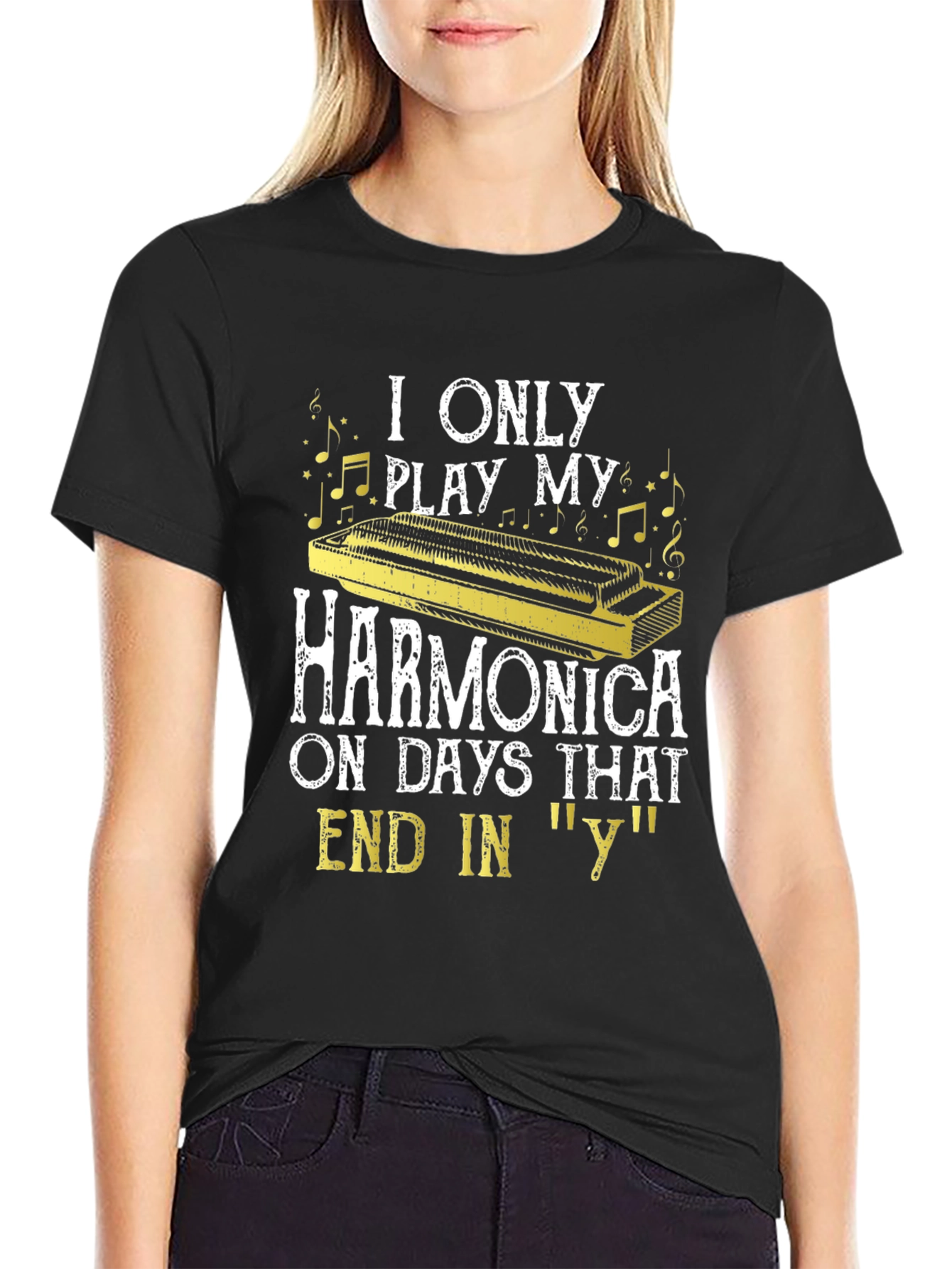 Black Harmonica Player T-Shirt - Days Ending in 'Y' view 2
