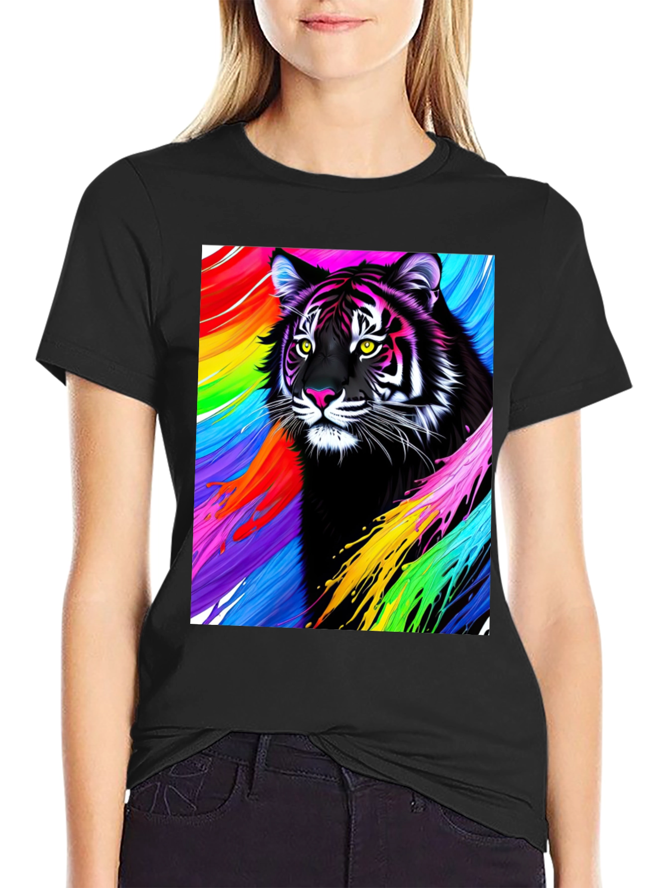 Black Vibrant Tiger Graphic Tee - Bold, Colorful Design view 2