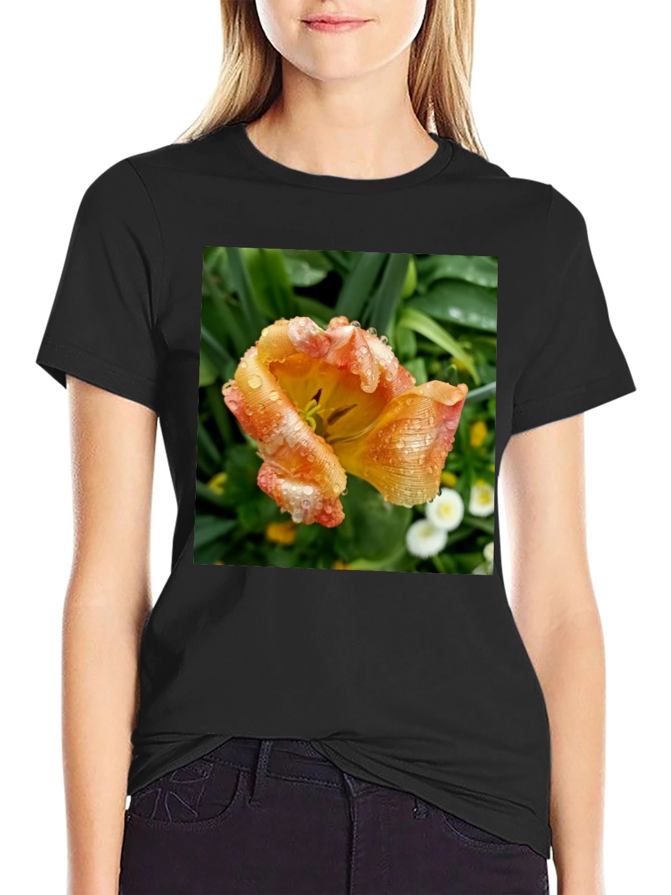 Black Floral Tulip Graphic Tee - Stylish Black T-Shirt view 2