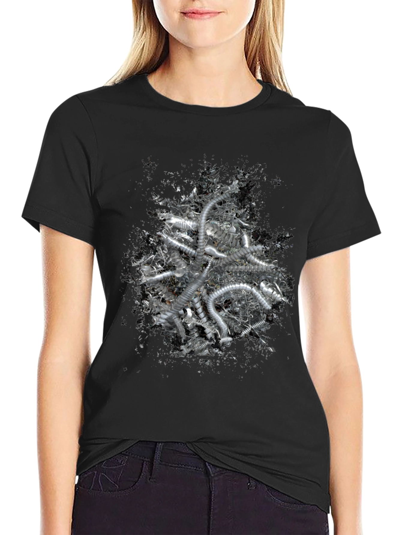 Black Abstract Silver Tube Design Black T-Shirt view 2