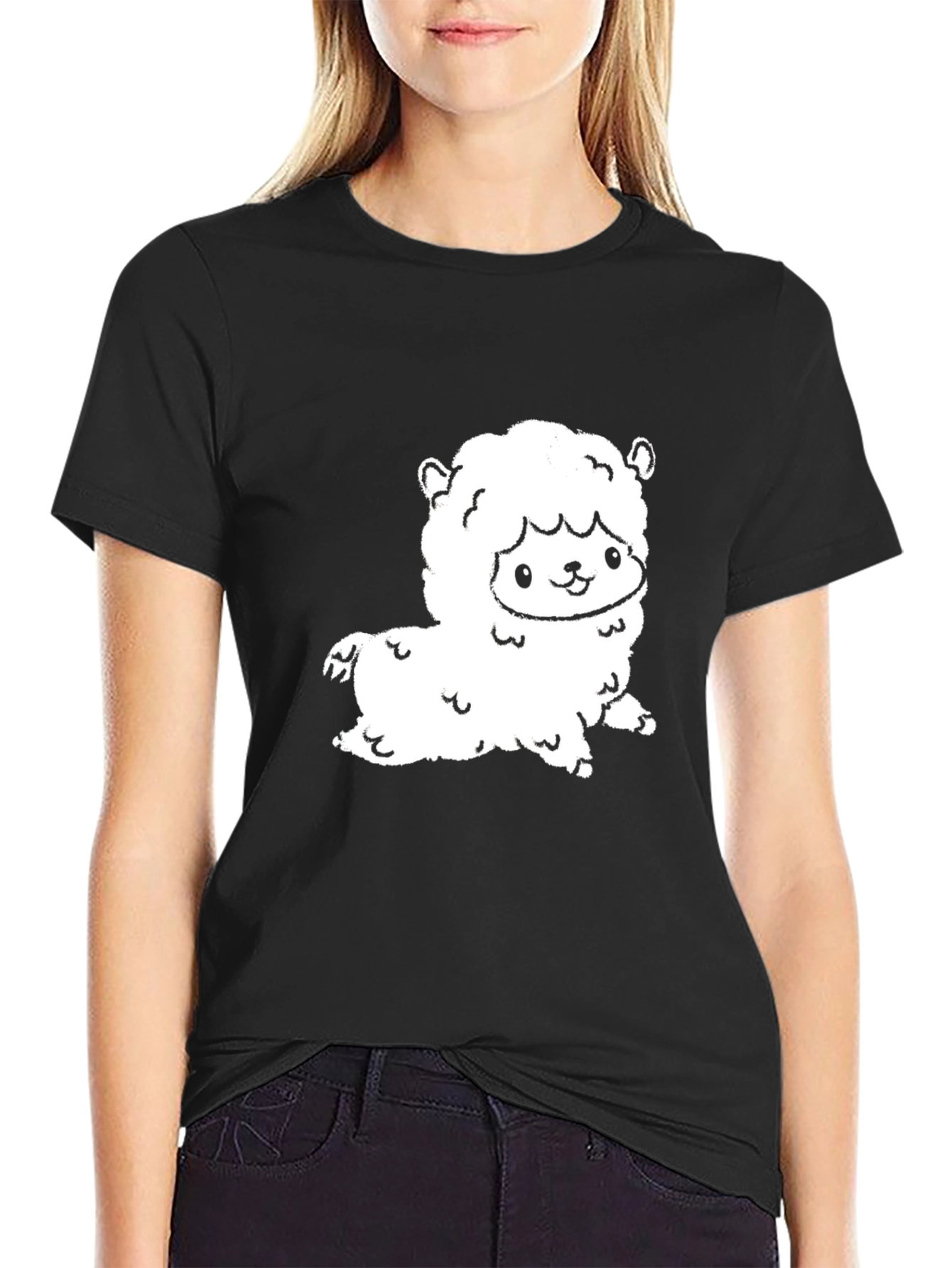 Black Cute Alpaca Graphic Tee - Black Cotton T-Shirt view 2