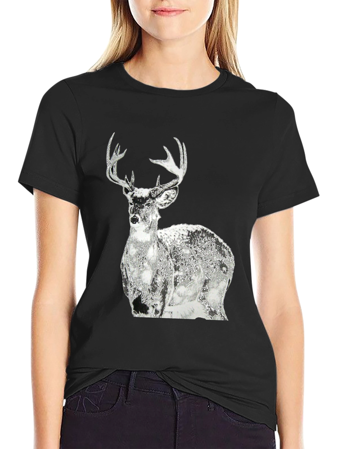 Black Men's Black T-Shirt with Graphic Deer Design view 2