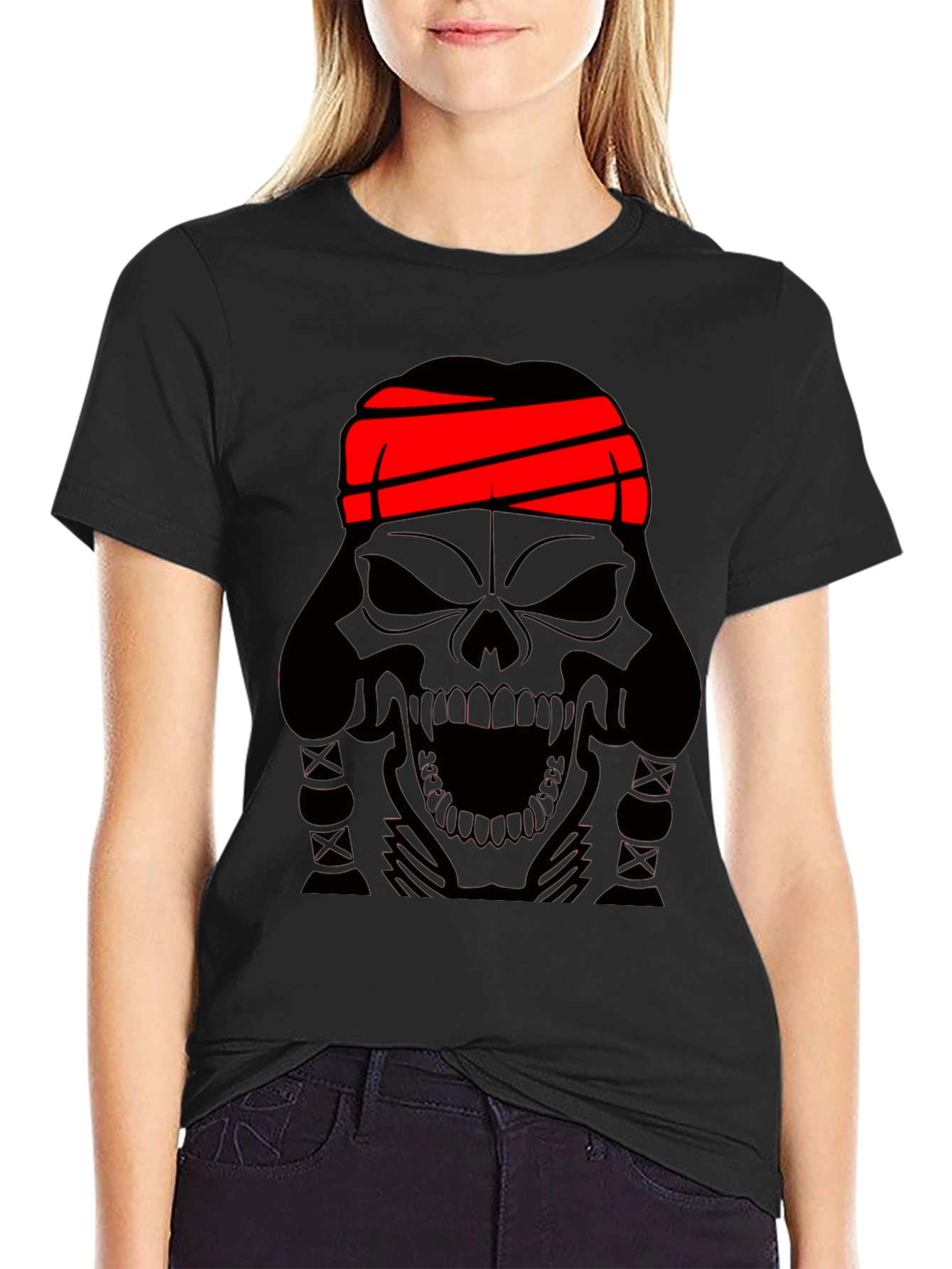 Black Skull T-Shirt - Black Graphic Tee with Red Headband view 2