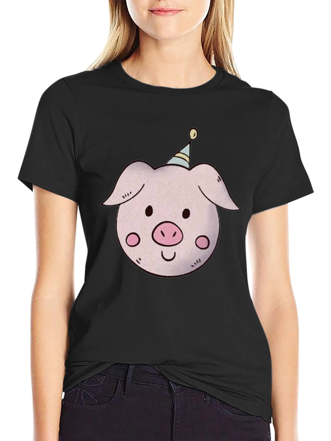 Black Pig with Party Hat T-Shirt - Unisex view 2