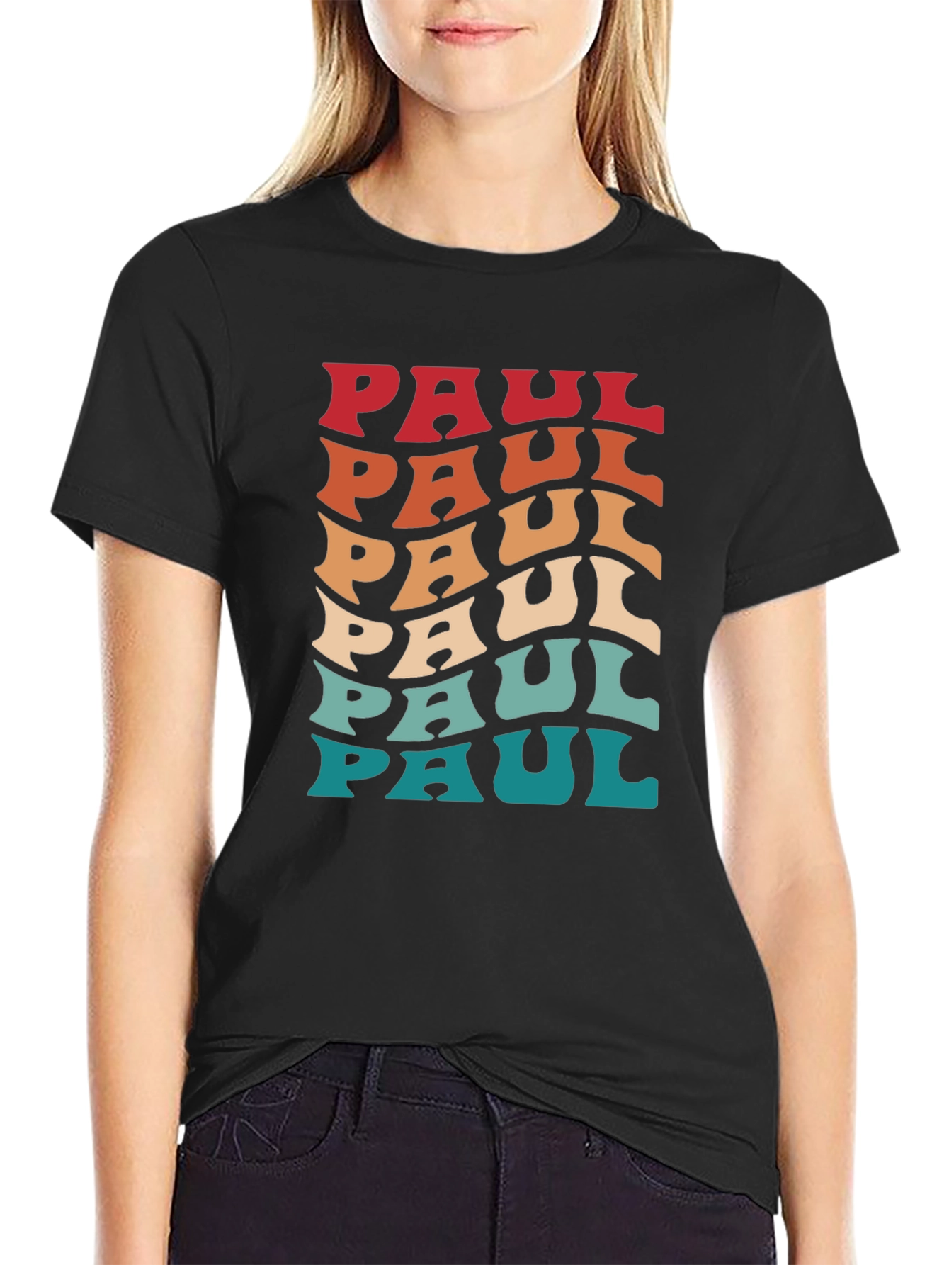 Black Retro Paul Name T-Shirt - Cool Wavy Design view 2