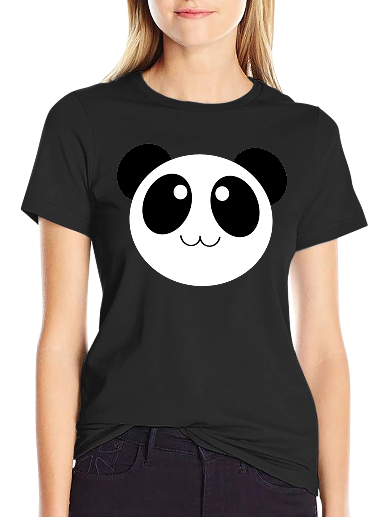Black Cute Panda Face Graphic Black T-Shirt view 2