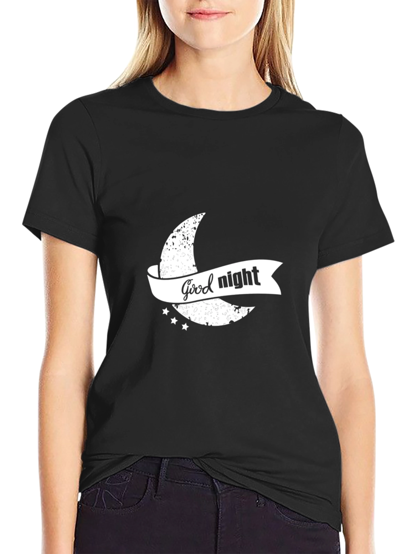 Black Good Night Graphic Print Black T-Shirt view 2