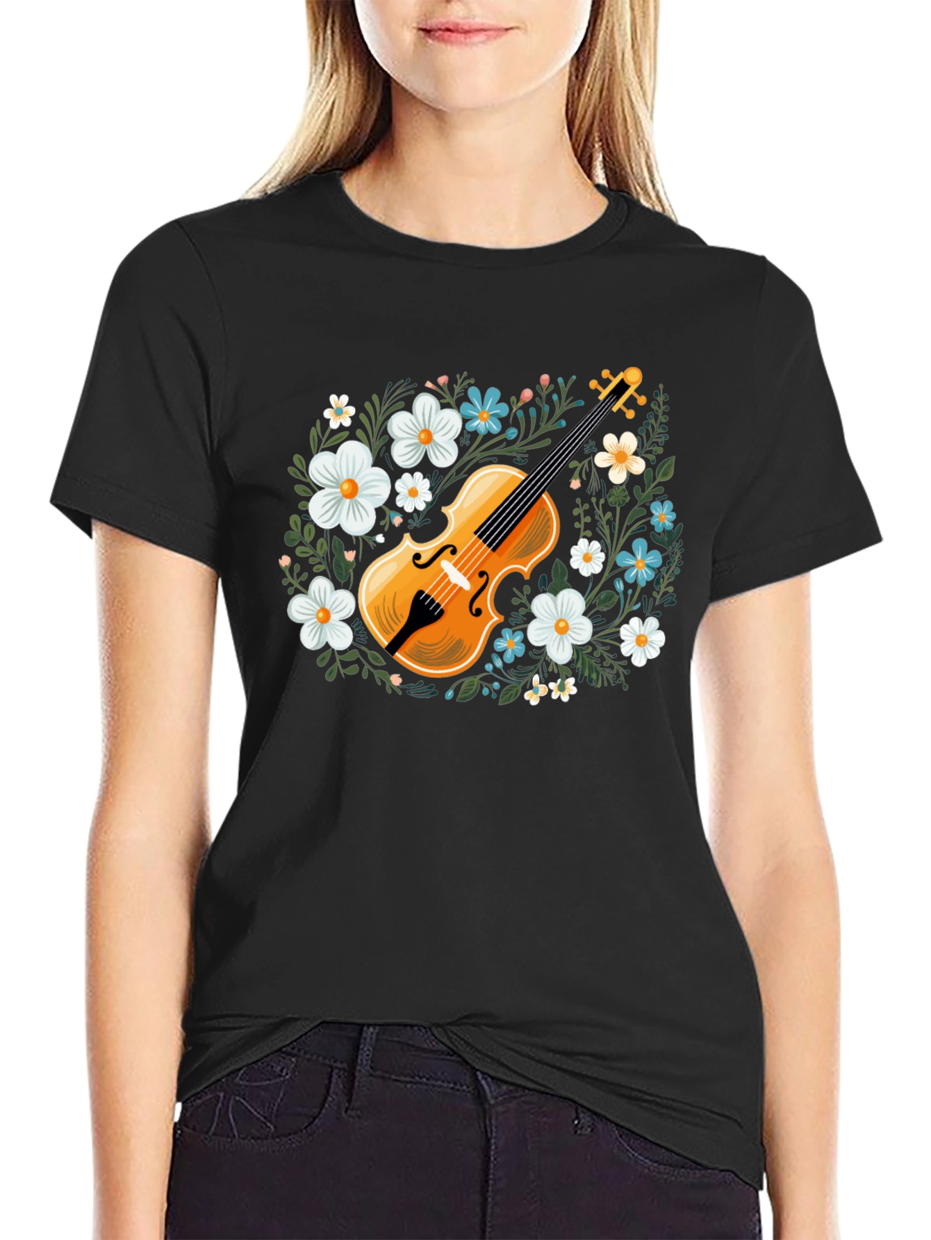 Black Floral Violin Graphic T-Shirt - Musical Style view 2