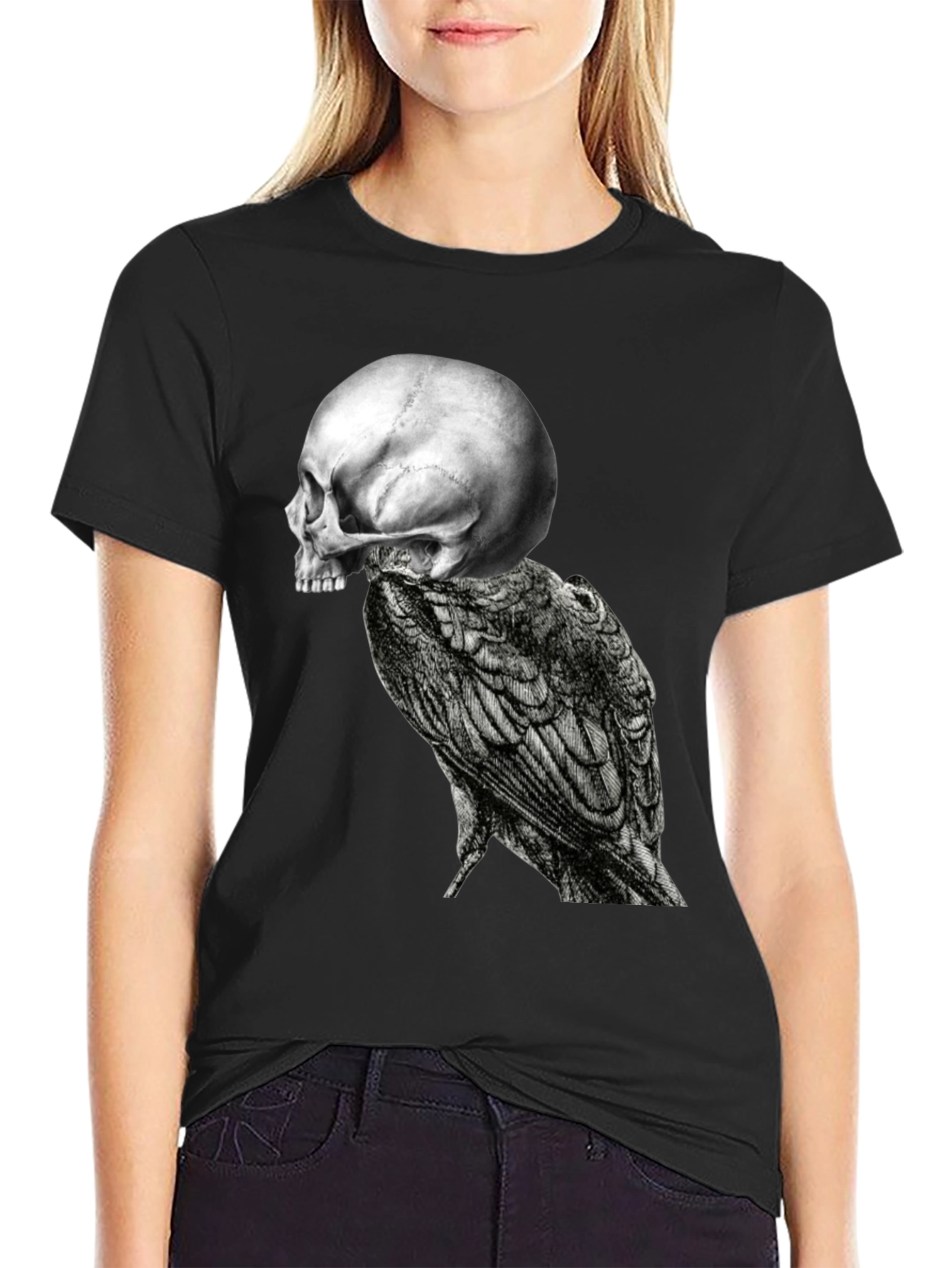 Black Skull & Raven Graphic Tee - Black Cotton Blend view 2