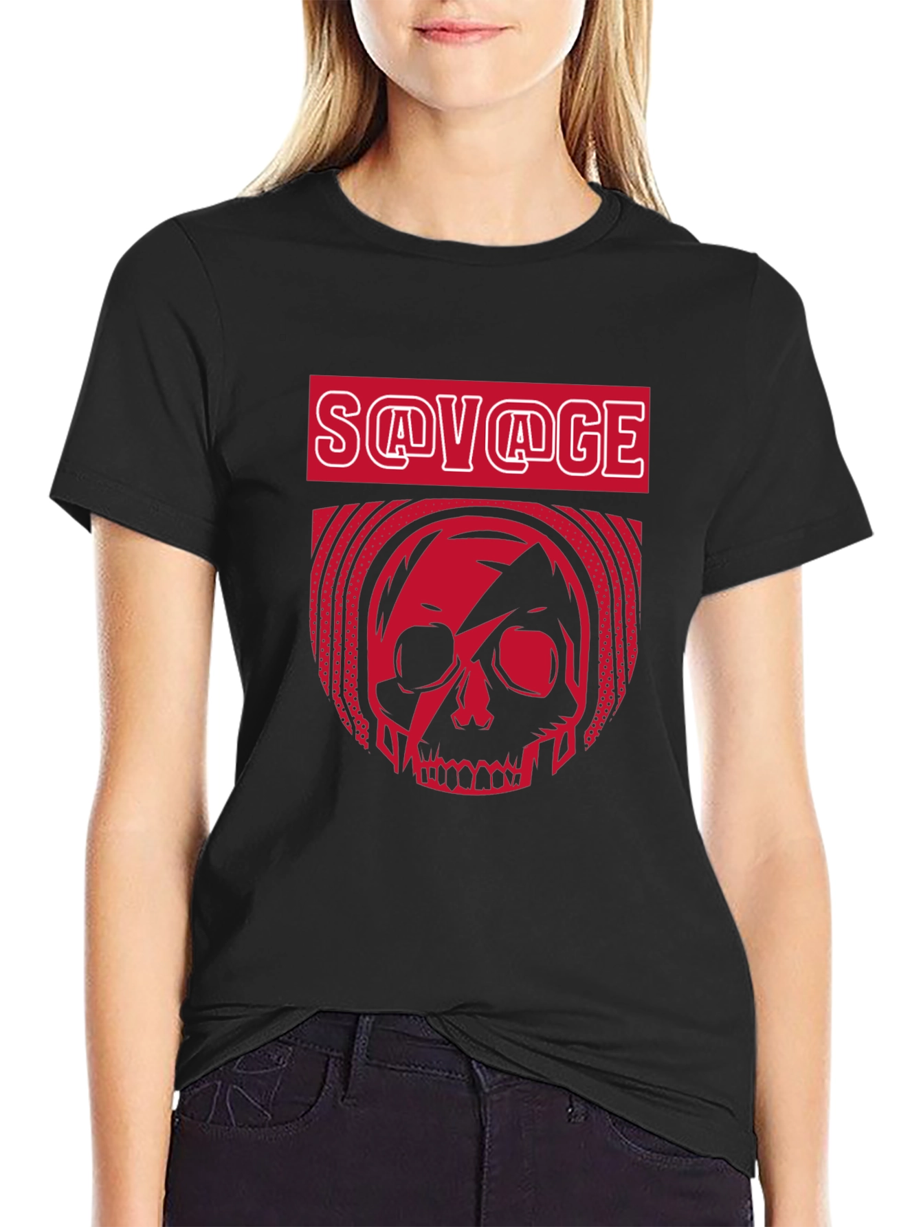 Black Savage Skull Graphic T-Shirt - Bold Red Design view 2