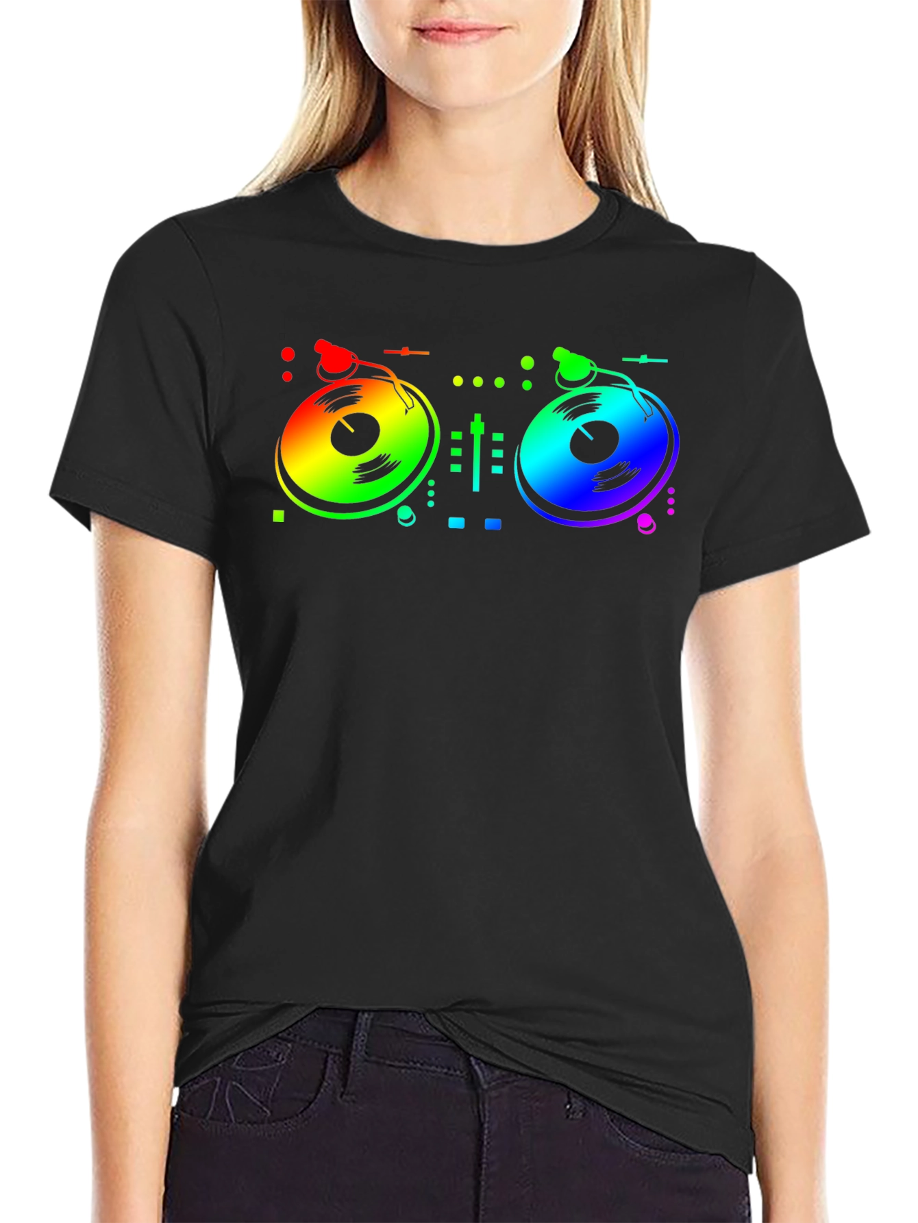 Black Rainbow DJ Turntable Graphic T-Shirt view 2