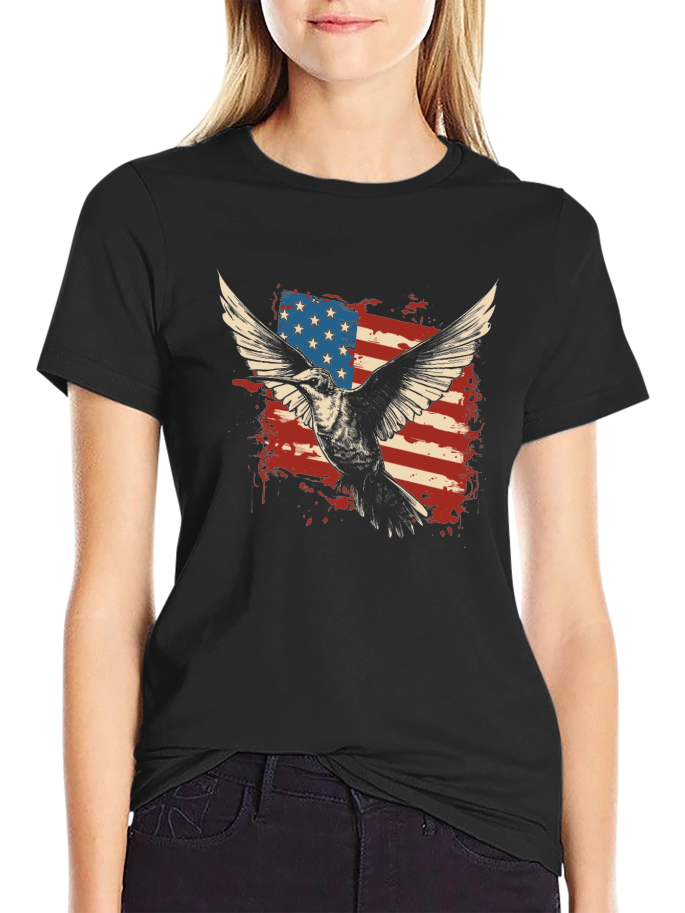 Black American Flag Eagle Graphic T-Shirt view 2