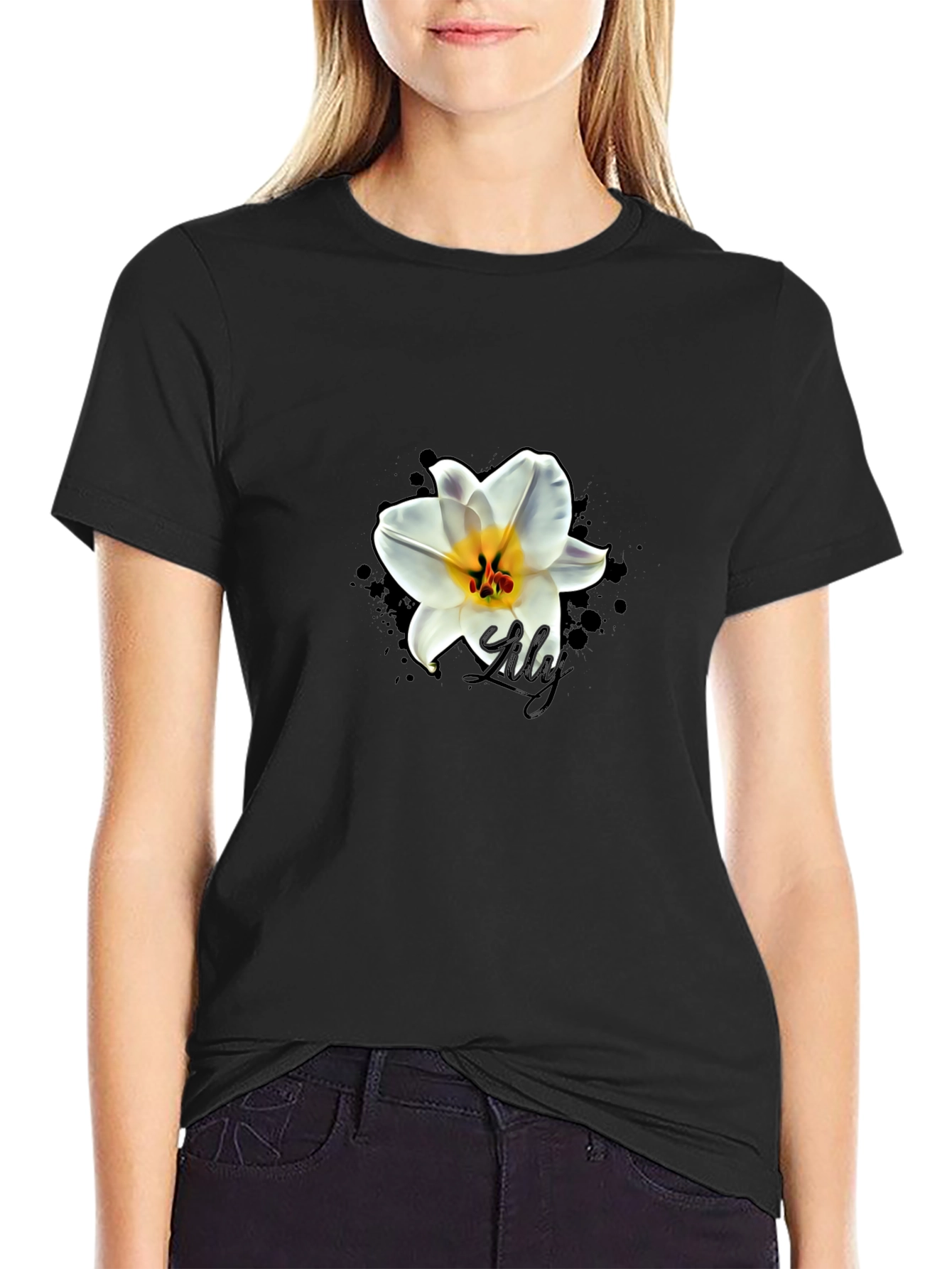 Black Black T-Shirt with Lily Graphic view 2