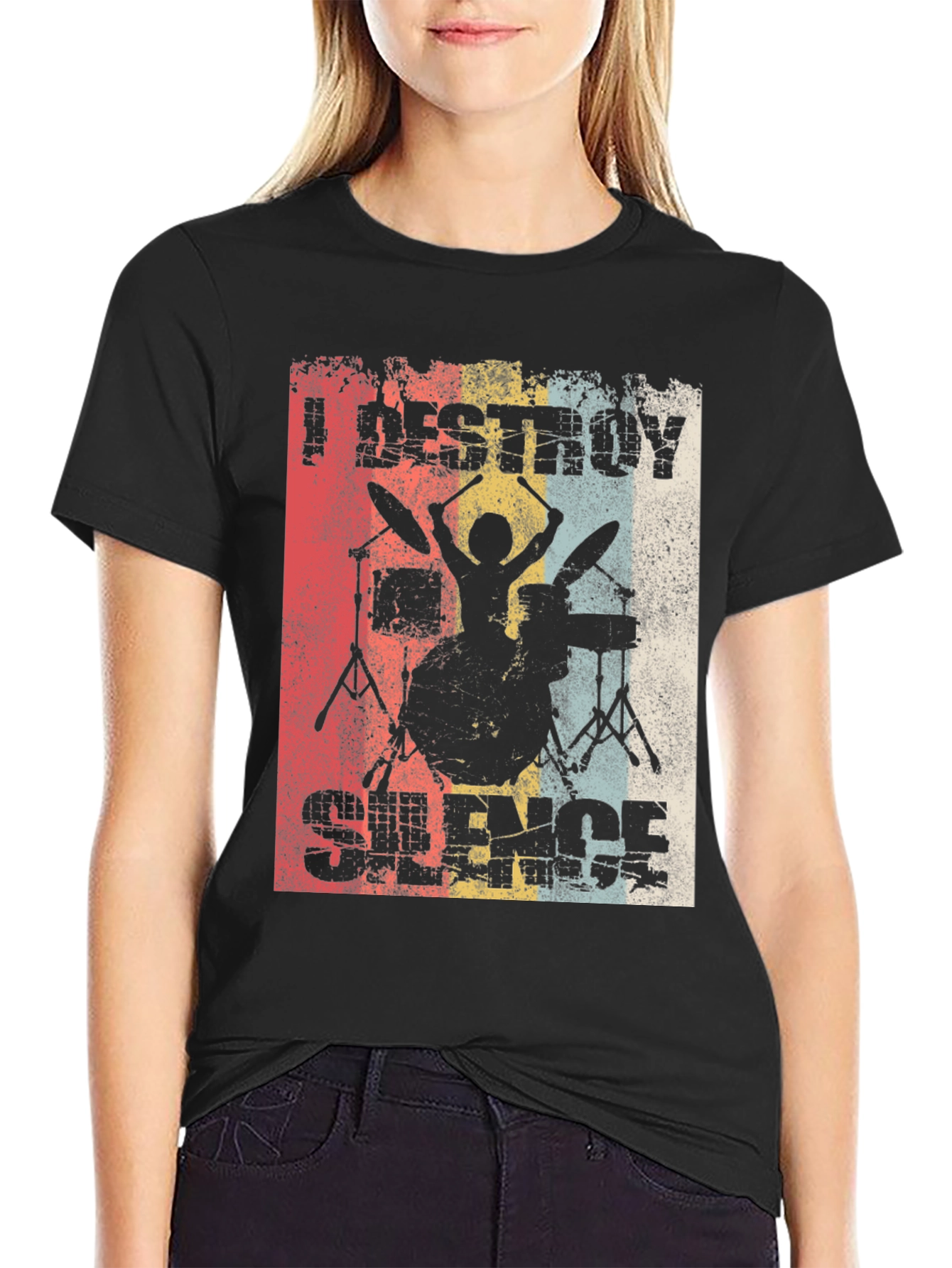 Black I Destroy Silence Drummer Graphic Tee view 2
