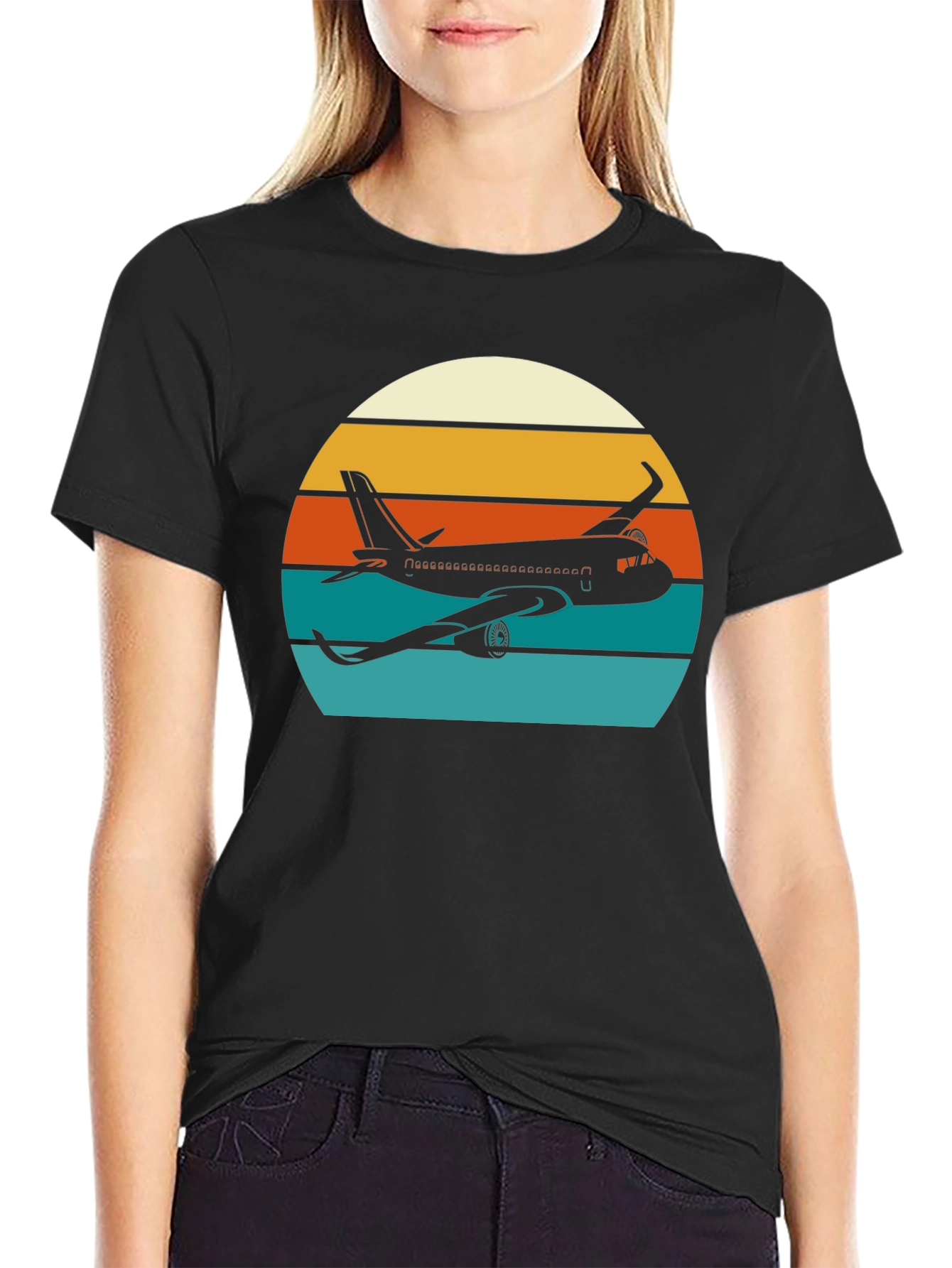 Black Retro Airplane Sunset T-Shirt - Aviation Tee view 2